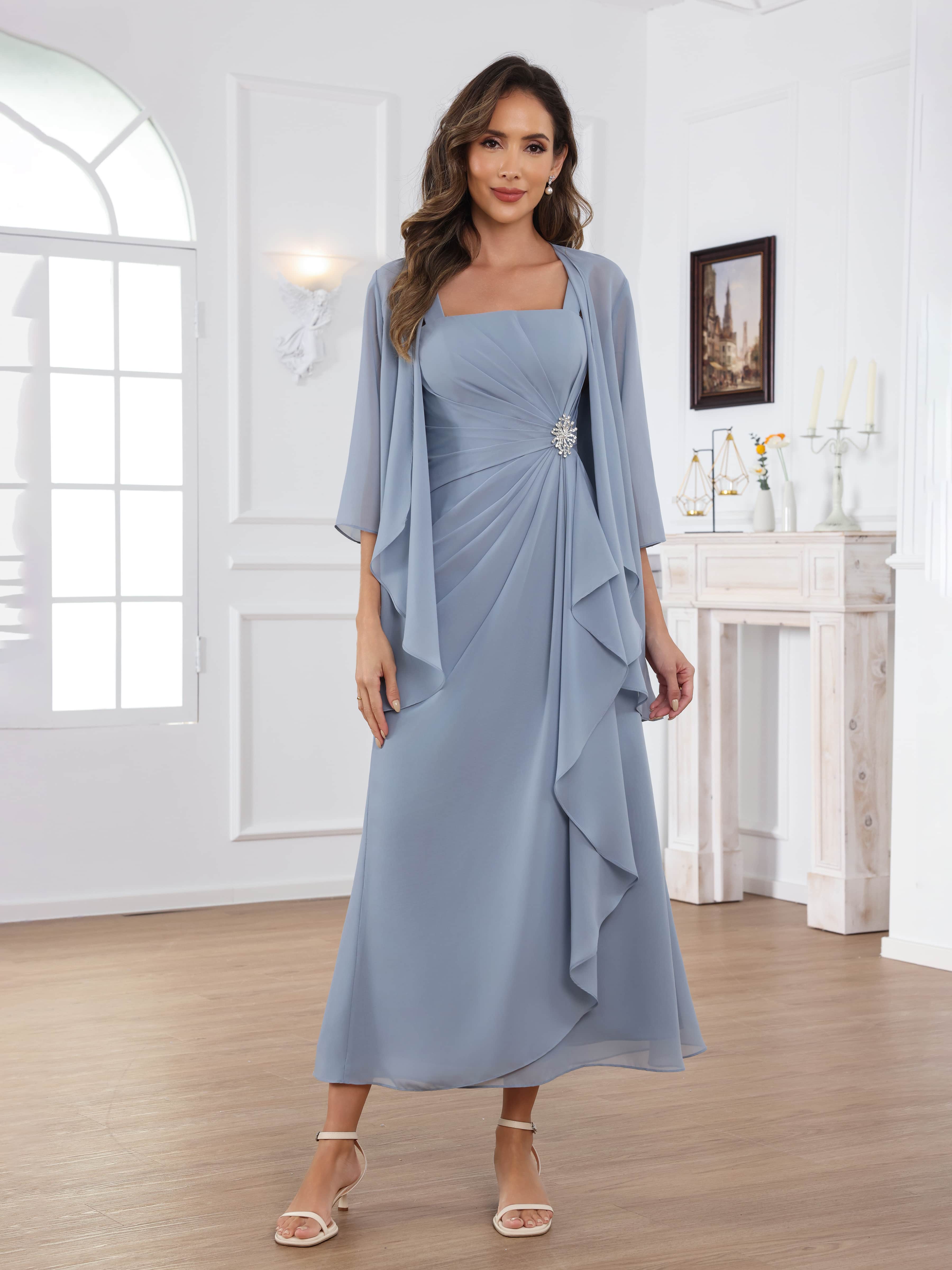 Raelithryn Modern A-Line Square Beading Ruched 2-Piece Midi Mother of the Bride Dresses
