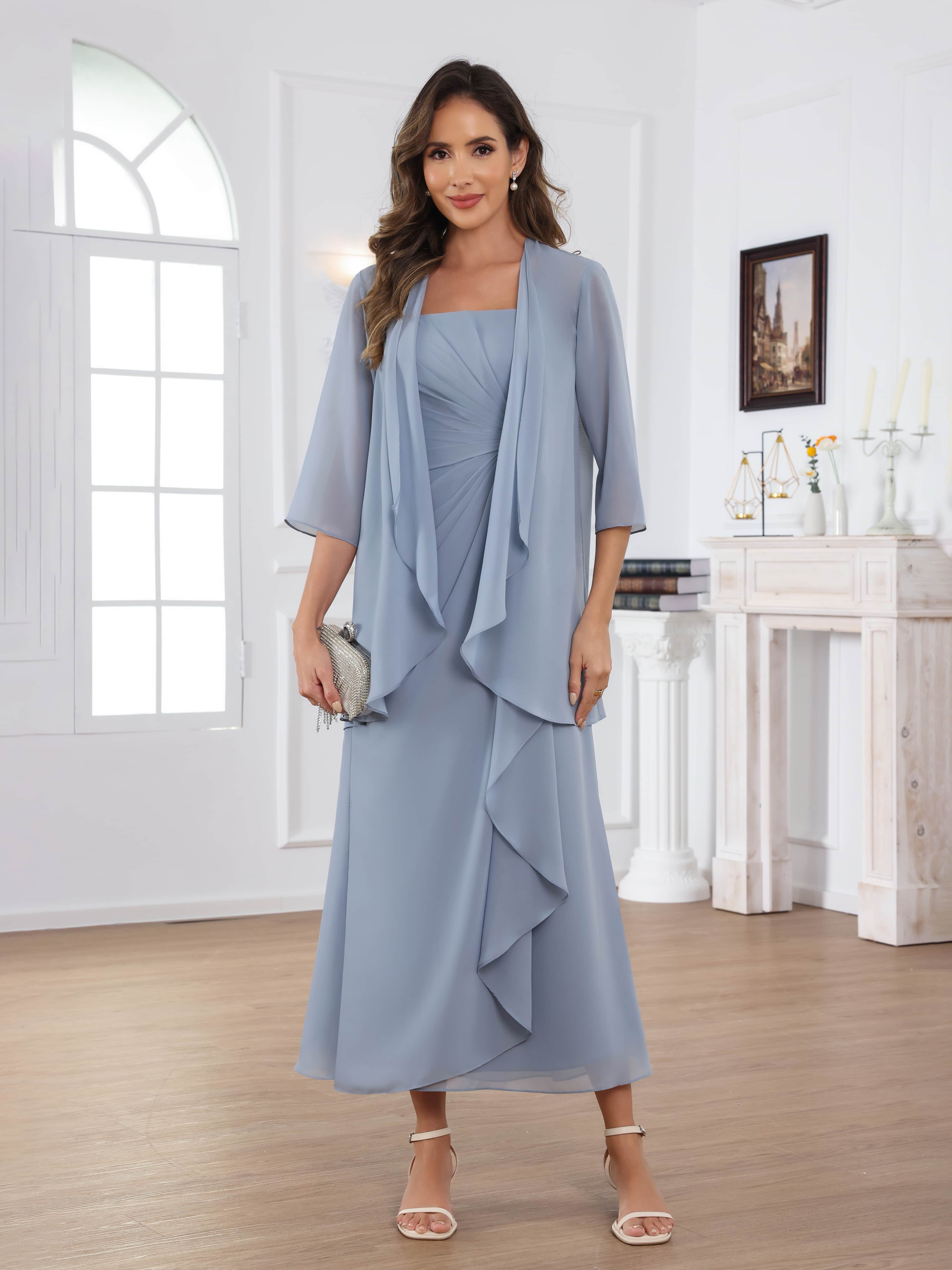 Raelithryn Modern A-Line Square Beading Ruched 2-Piece Midi Mother of the Bride Dresses