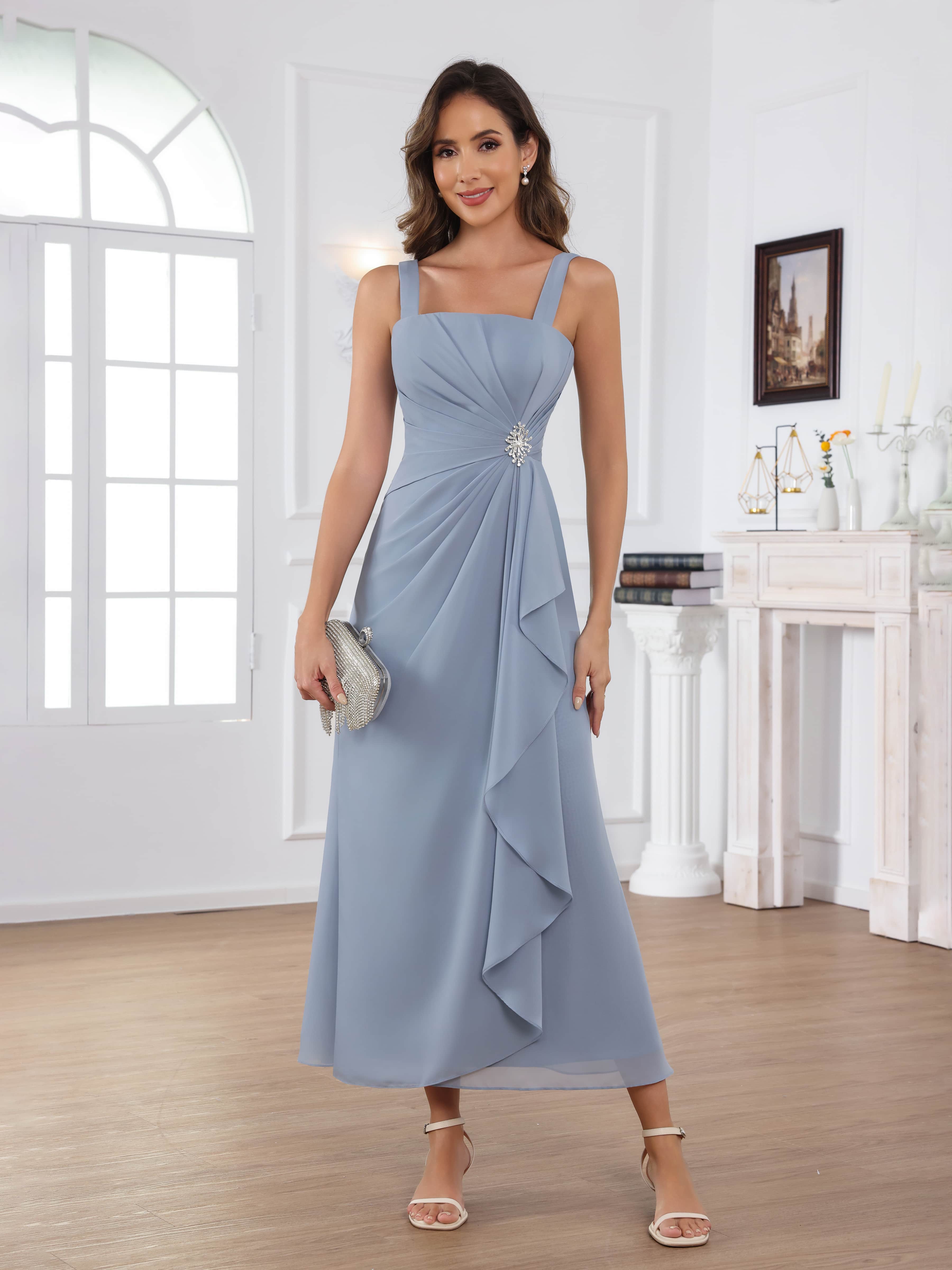 Raelithryn Modern A-Line Square Beading Ruched 2-Piece Midi Mother of the Bride Dresses