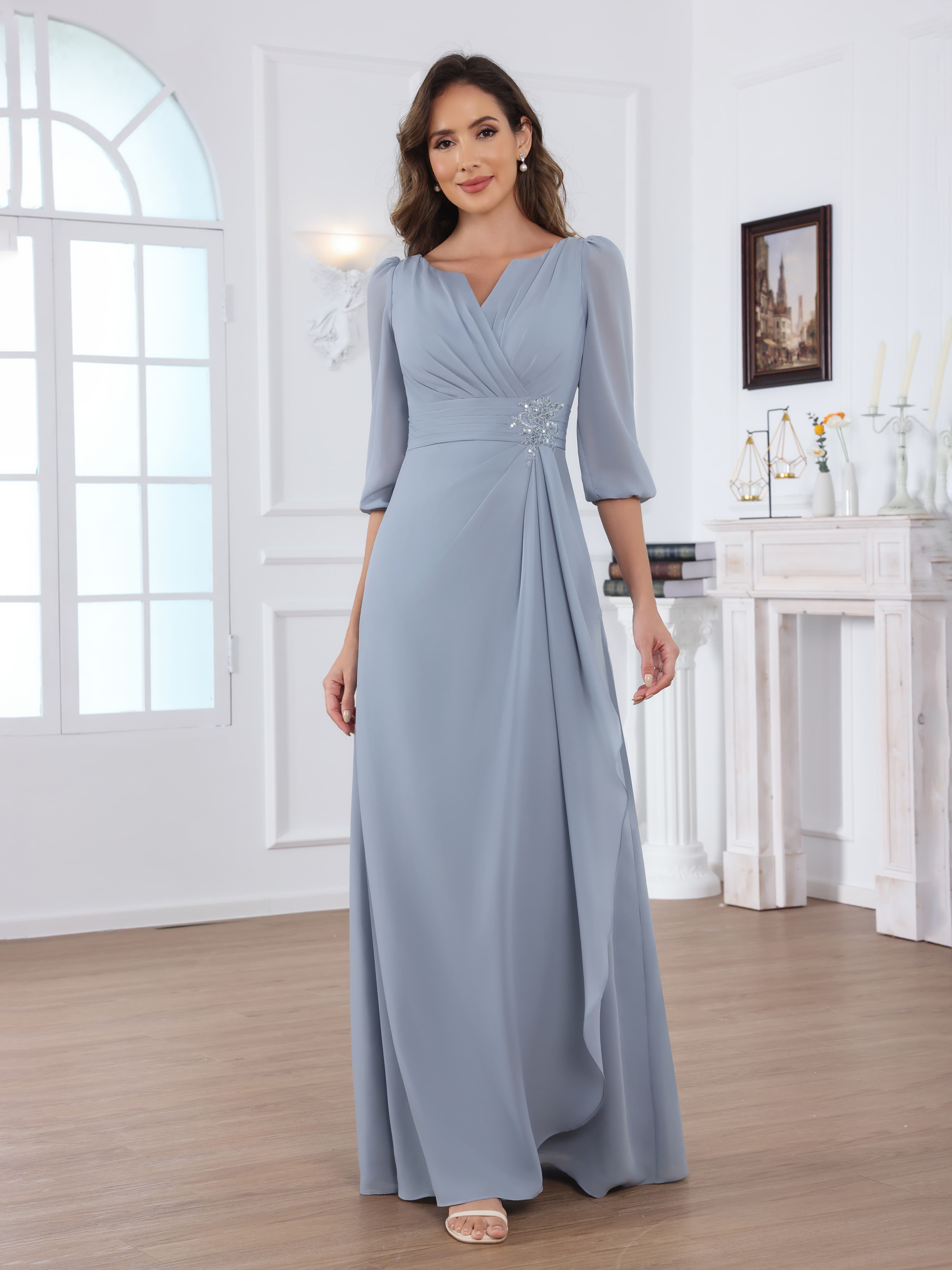 Saelithryn Charming Half Sleeves Appliques Floor Length Chiffon Mother of the Bride Dresses