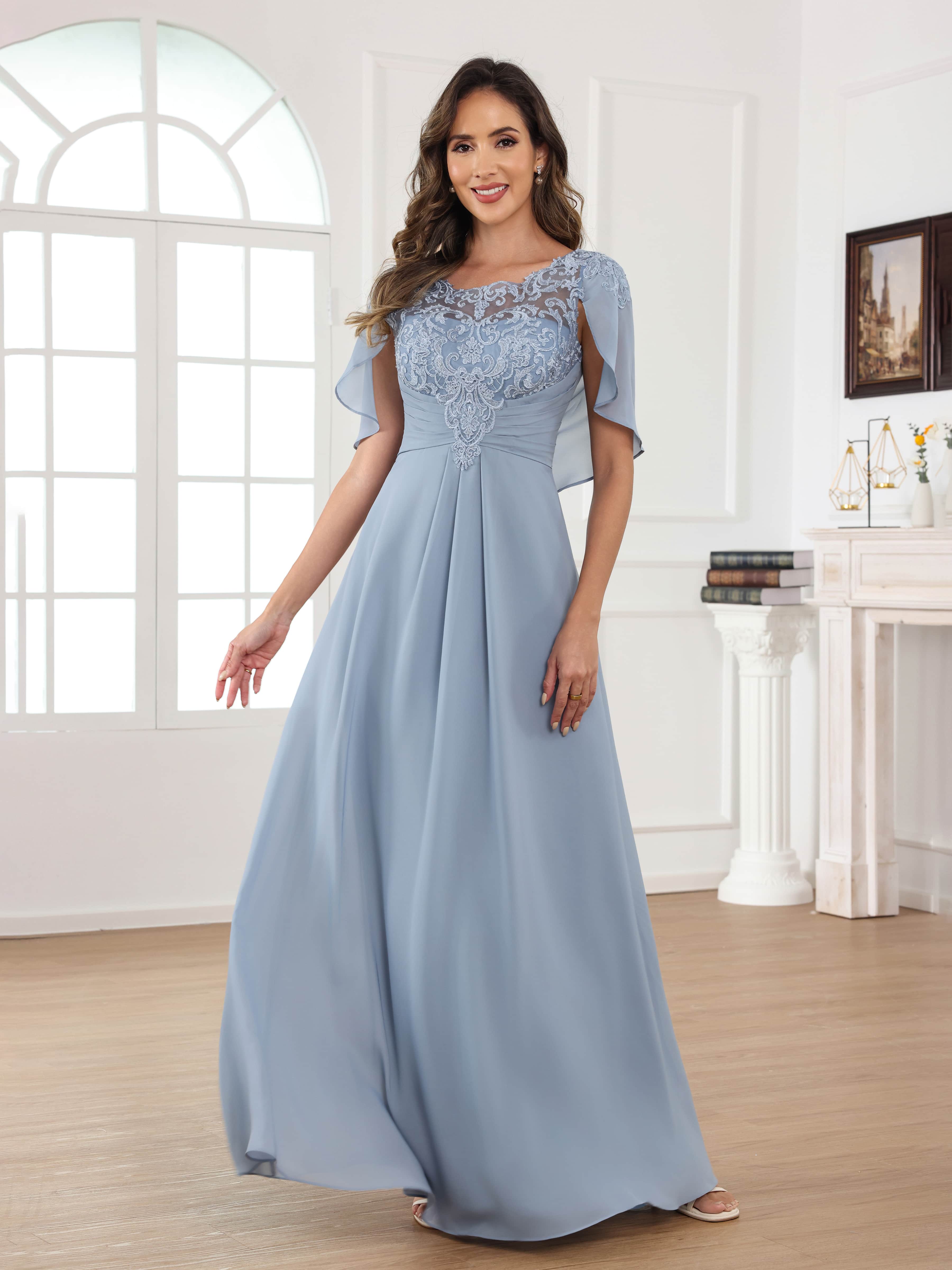 Aelithara Delicate A-Line Illusion Appliques Long Chiffon Mother of the Bride Dresses With Cape