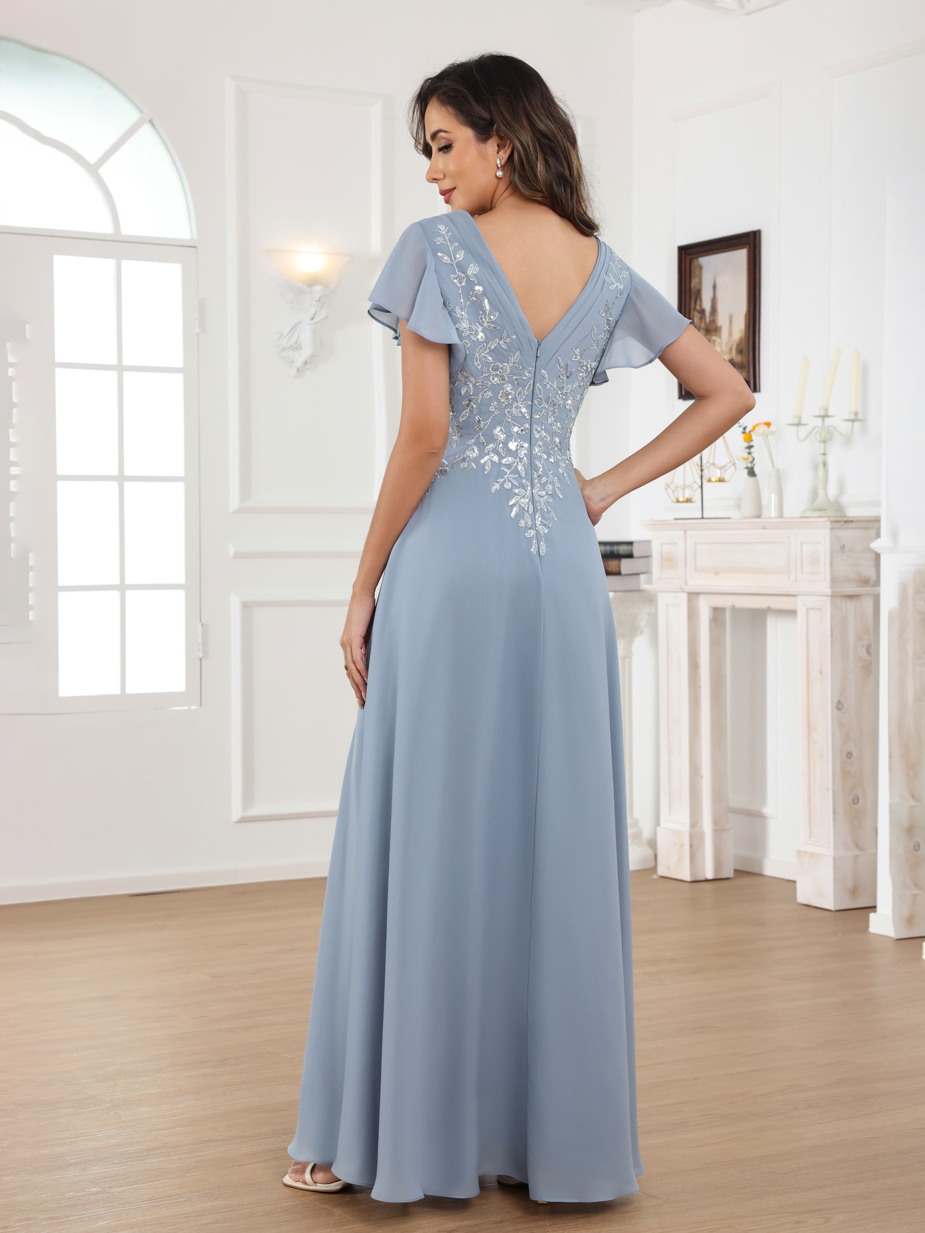 Fraelithara Charming A-Line V Neck Sequins Lace Long Mother of the Bride Dresses