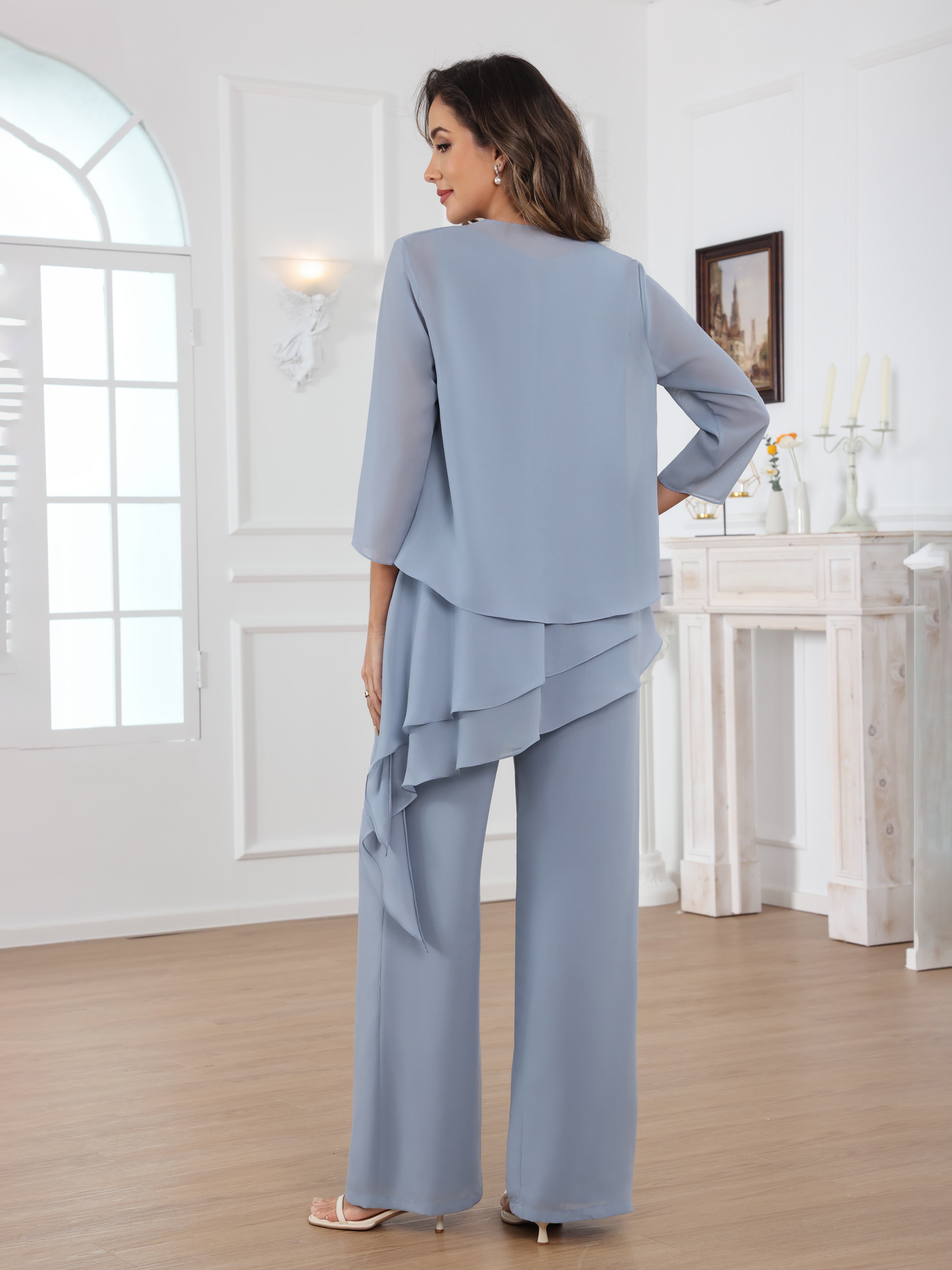 Mraelithara Trendy 3-Piece Scoop Chiffon Mother of the Bride Pantsuit with Jacket