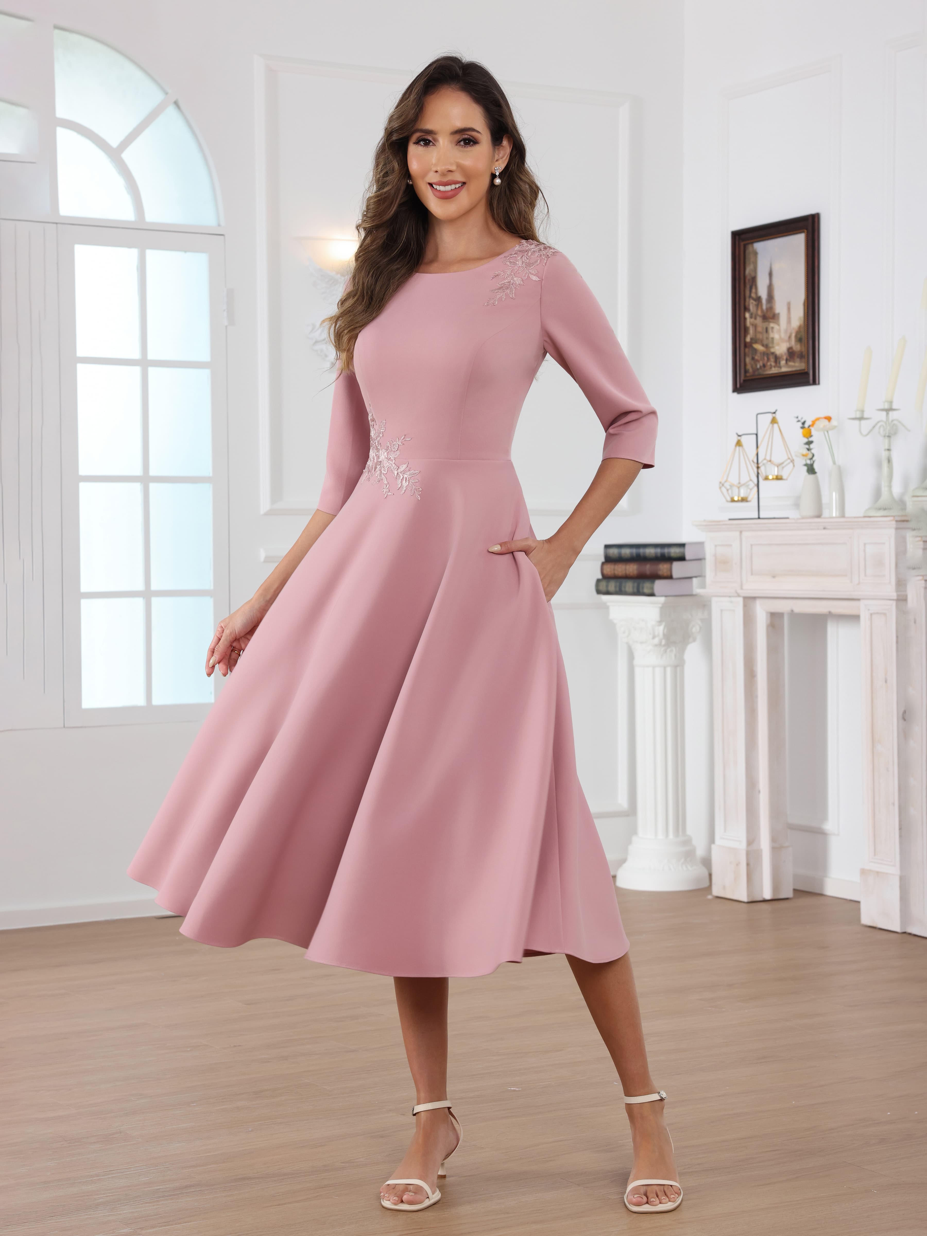 Naelithara Romantic Scoop A-Line Appliques Tea Length Satin Mother of the Bride Dresses