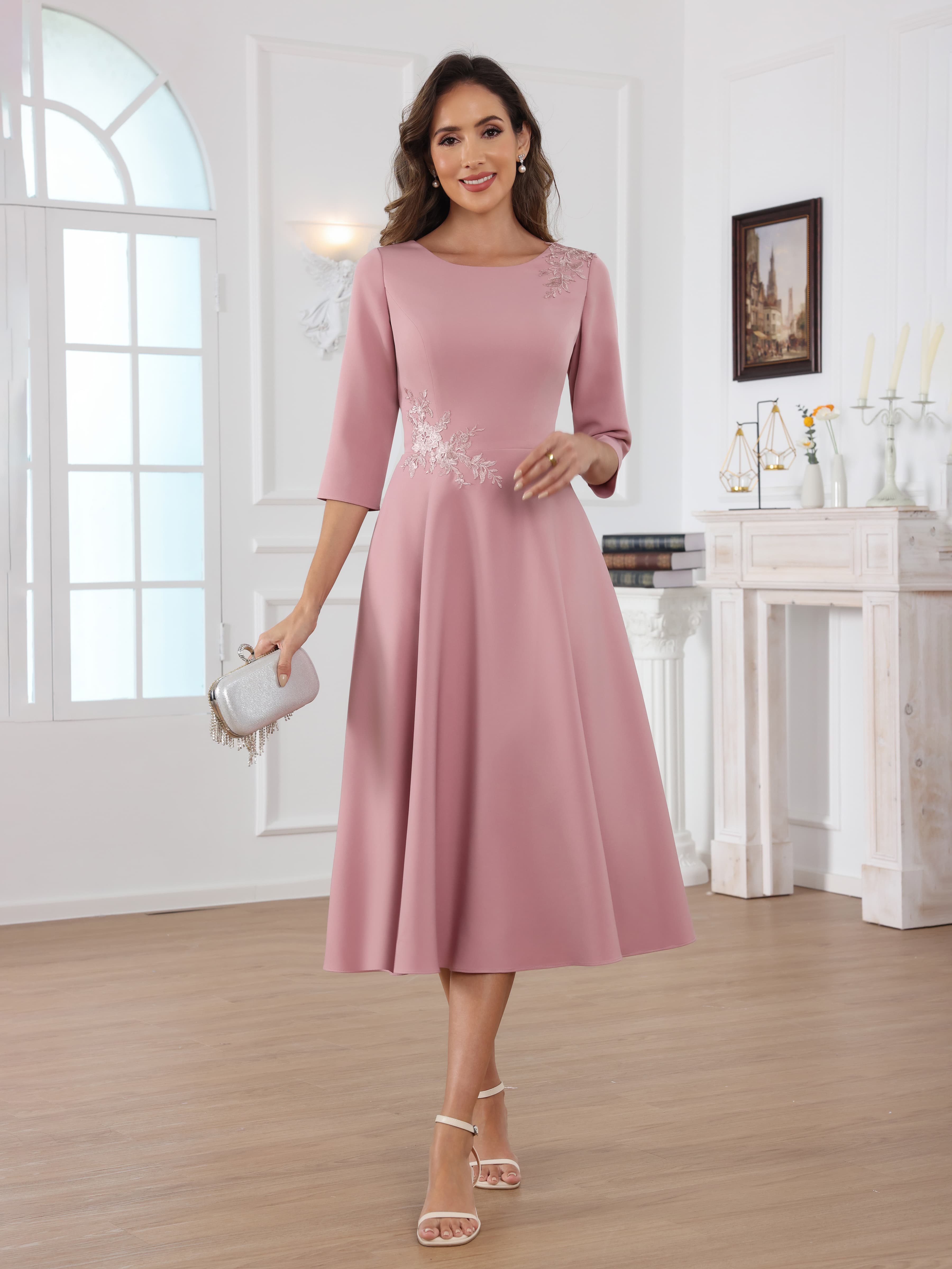 Naelithara Romantic Scoop A-Line Appliques Tea Length Satin Mother of the Bride Dresses