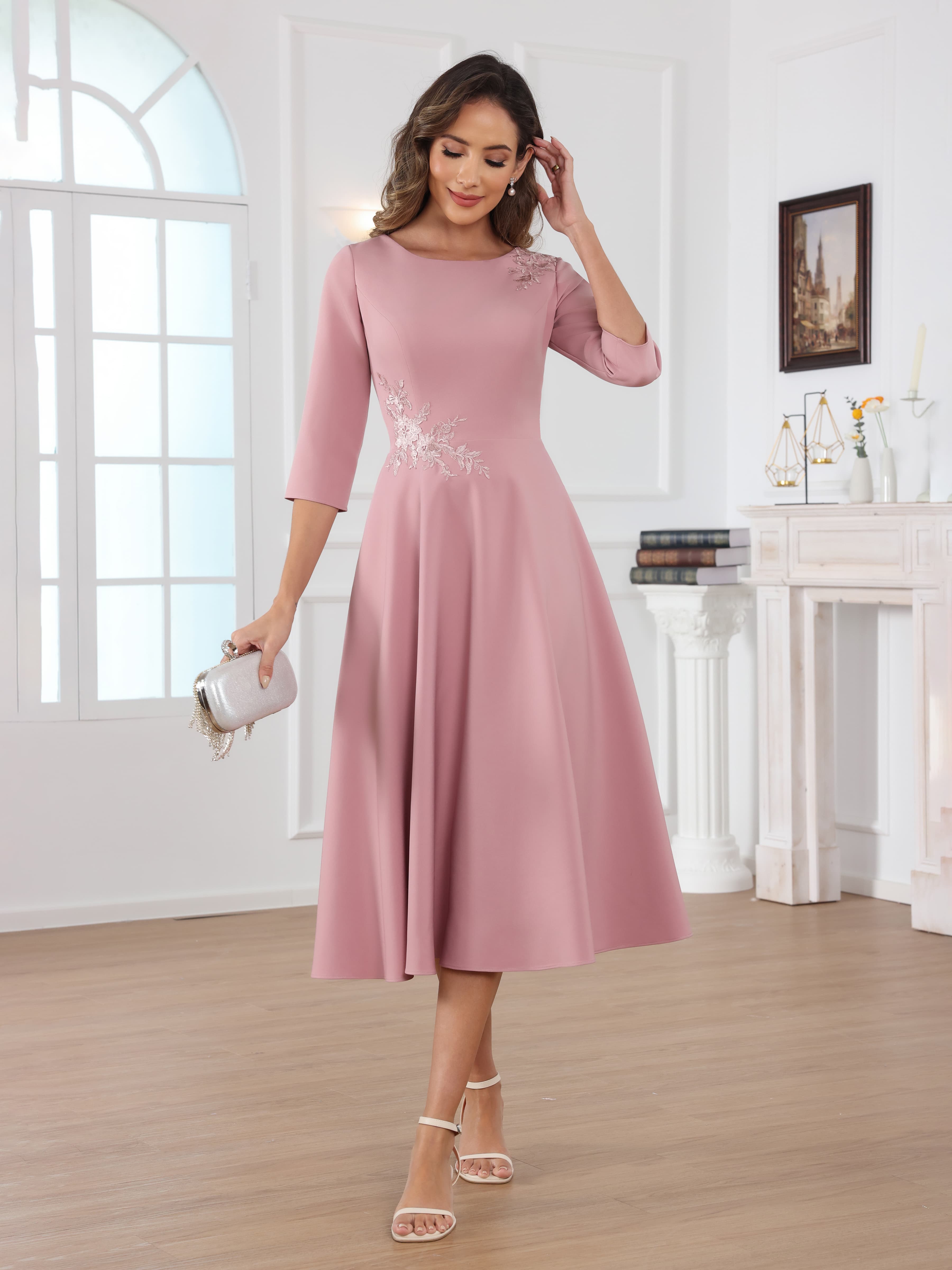 Naelithara Romantic Scoop A-Line Appliques Tea Length Satin Mother of the Bride Dresses