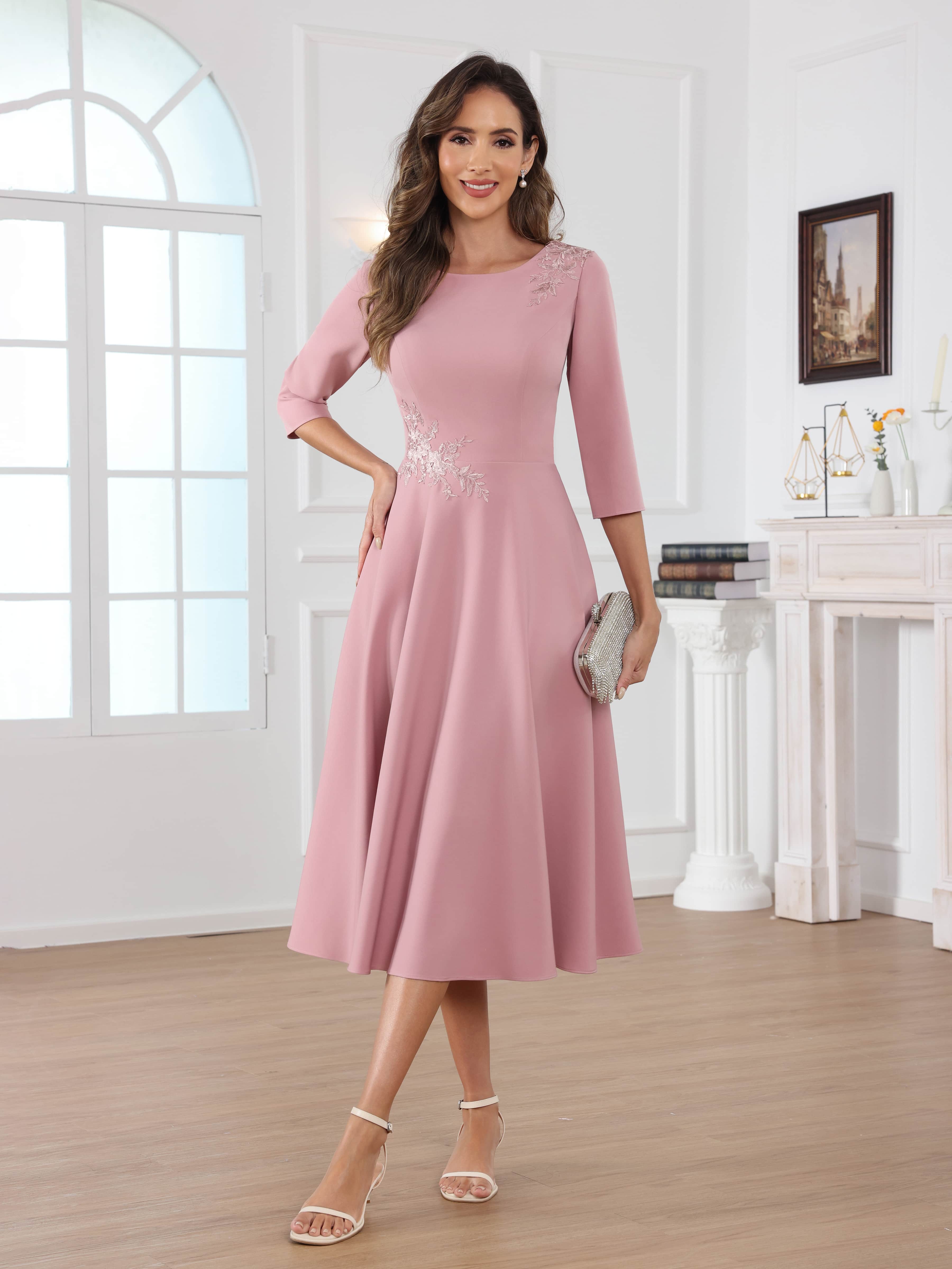 Naelithara Romantic Scoop A-Line Appliques Tea Length Satin Mother of the Bride Dresses