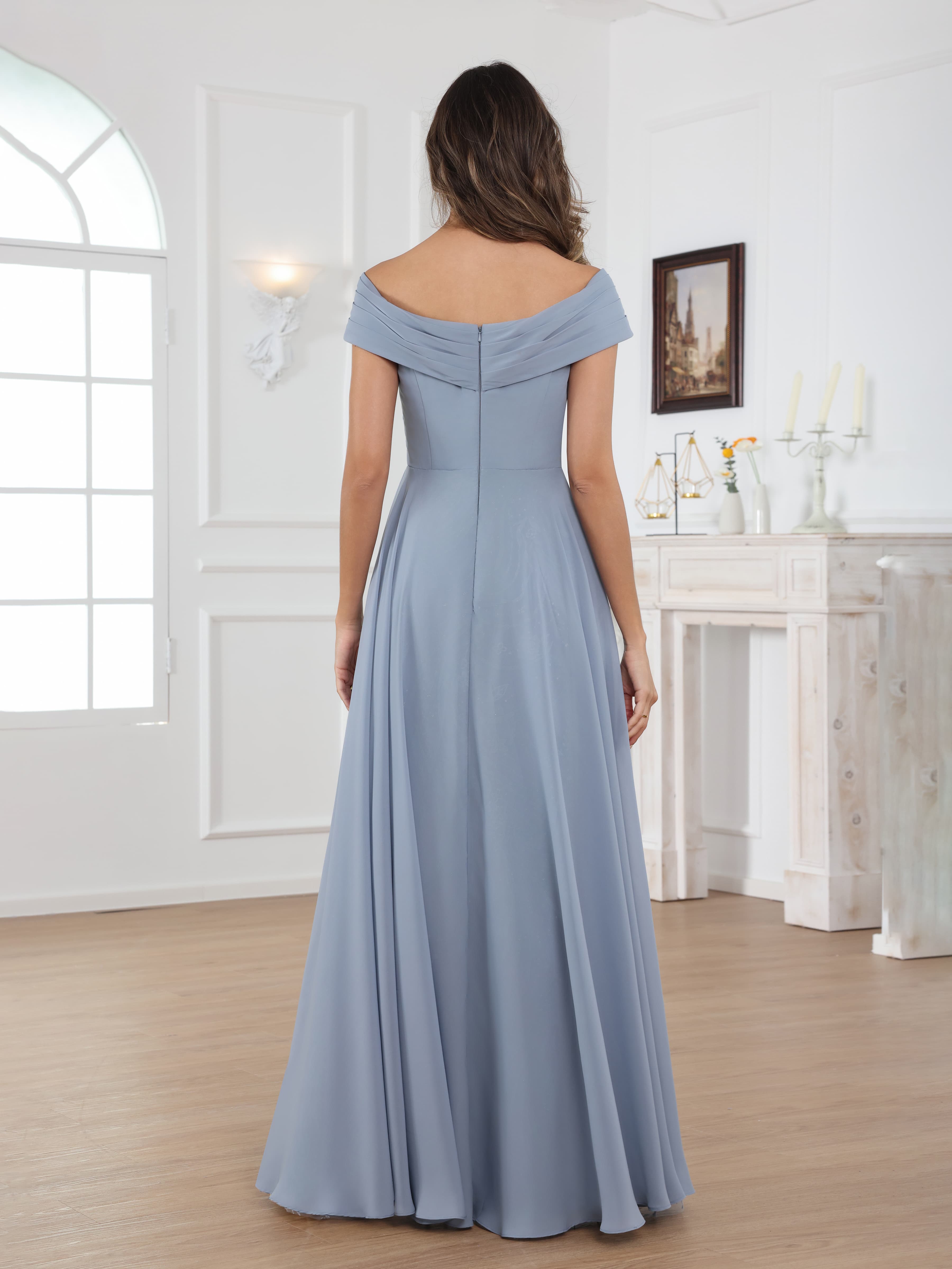 Oraelithara Trendy A-Line Off the Shoulder Ruched Long Chiffon Mother of the Bride Dresses