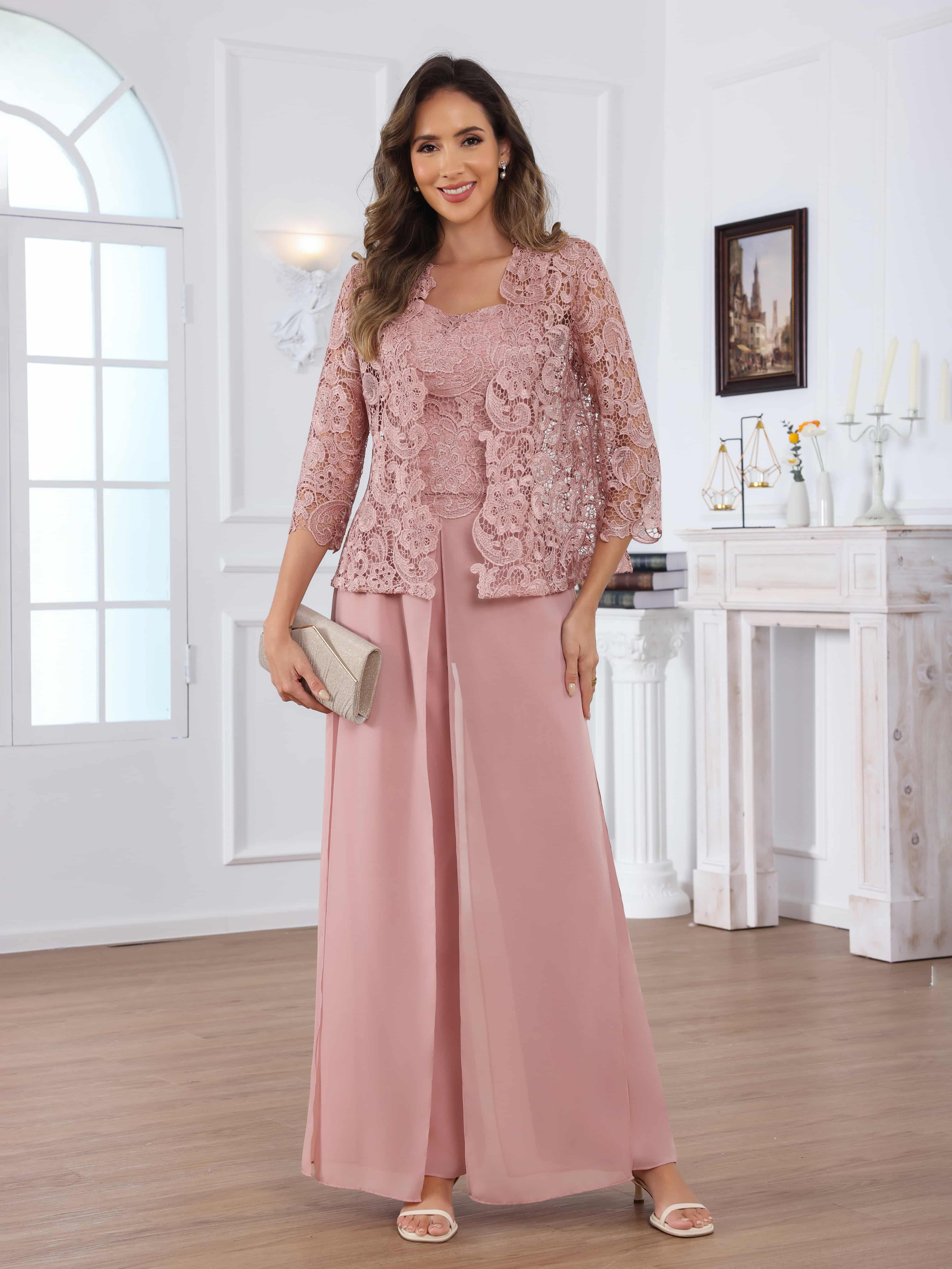 Praelithara Tailored Three Pieces Lace Sequins Chiffon Mother of the Bride Pantsuit
