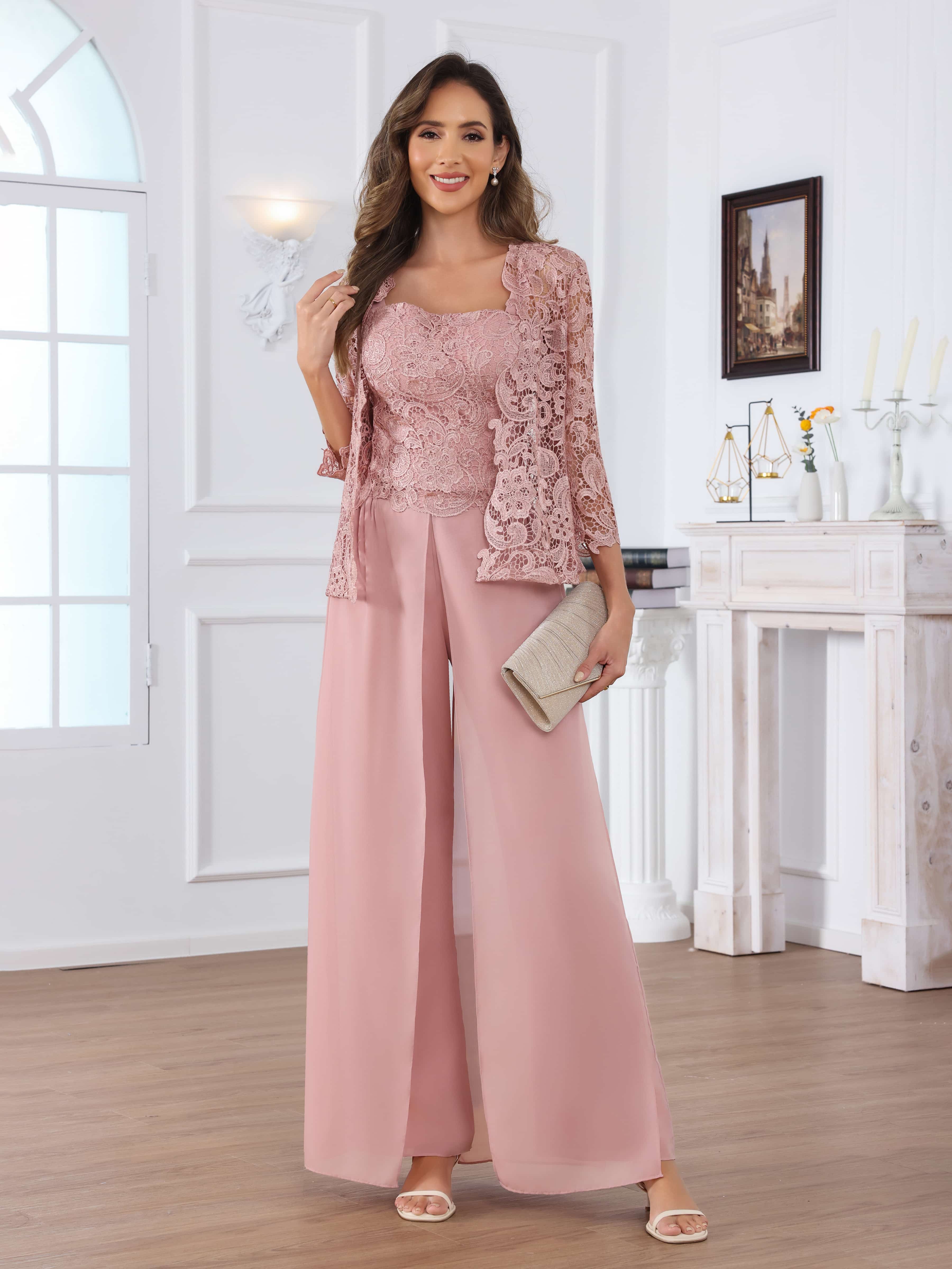 Praelithara Tailored Three Pieces Lace Sequins Chiffon Mother of the Bride Pantsuit