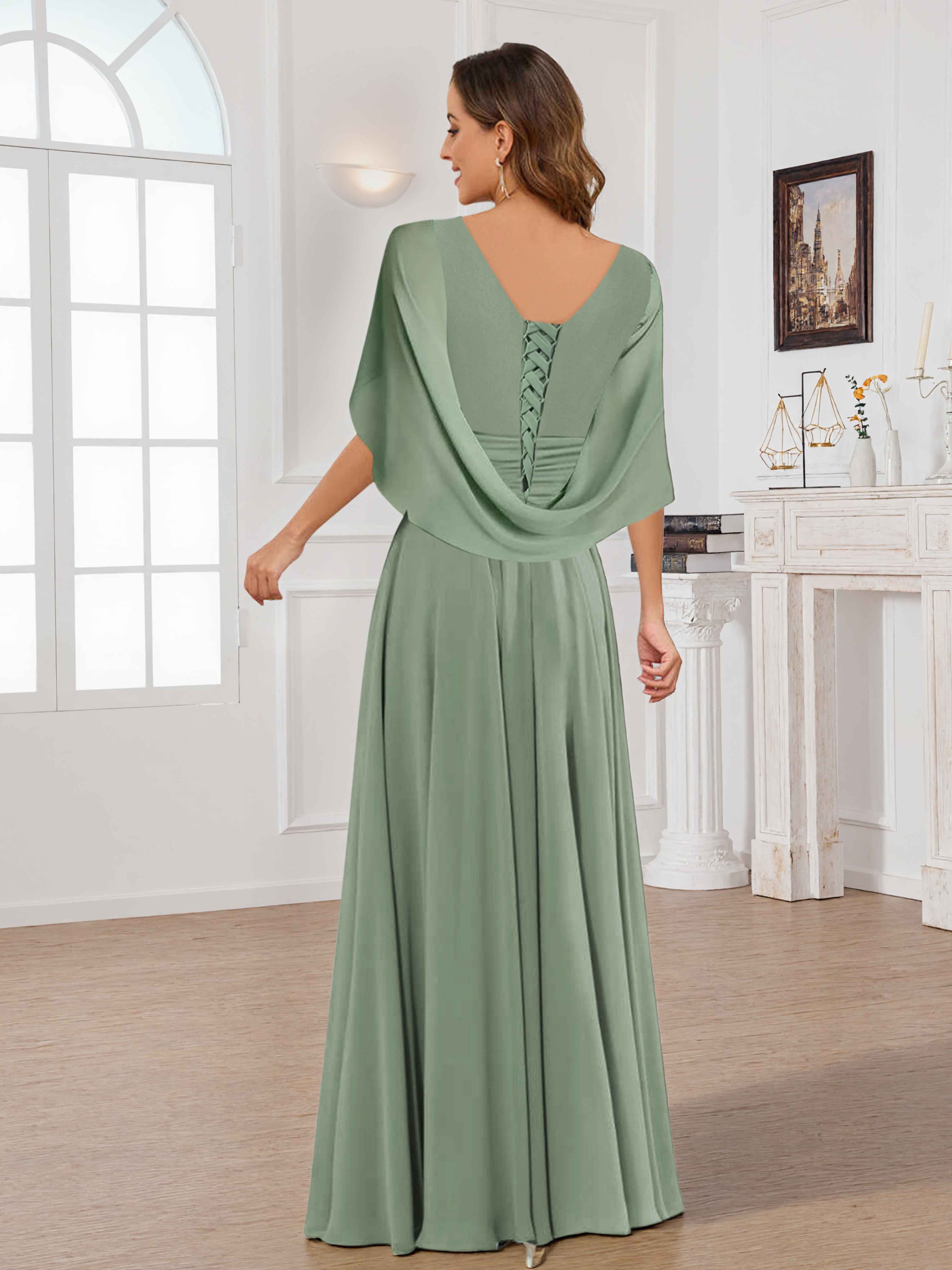 Meliora Graceful V Neck Cape Sleeves Beading Long Chiffon Bridesmaid Dresses UK