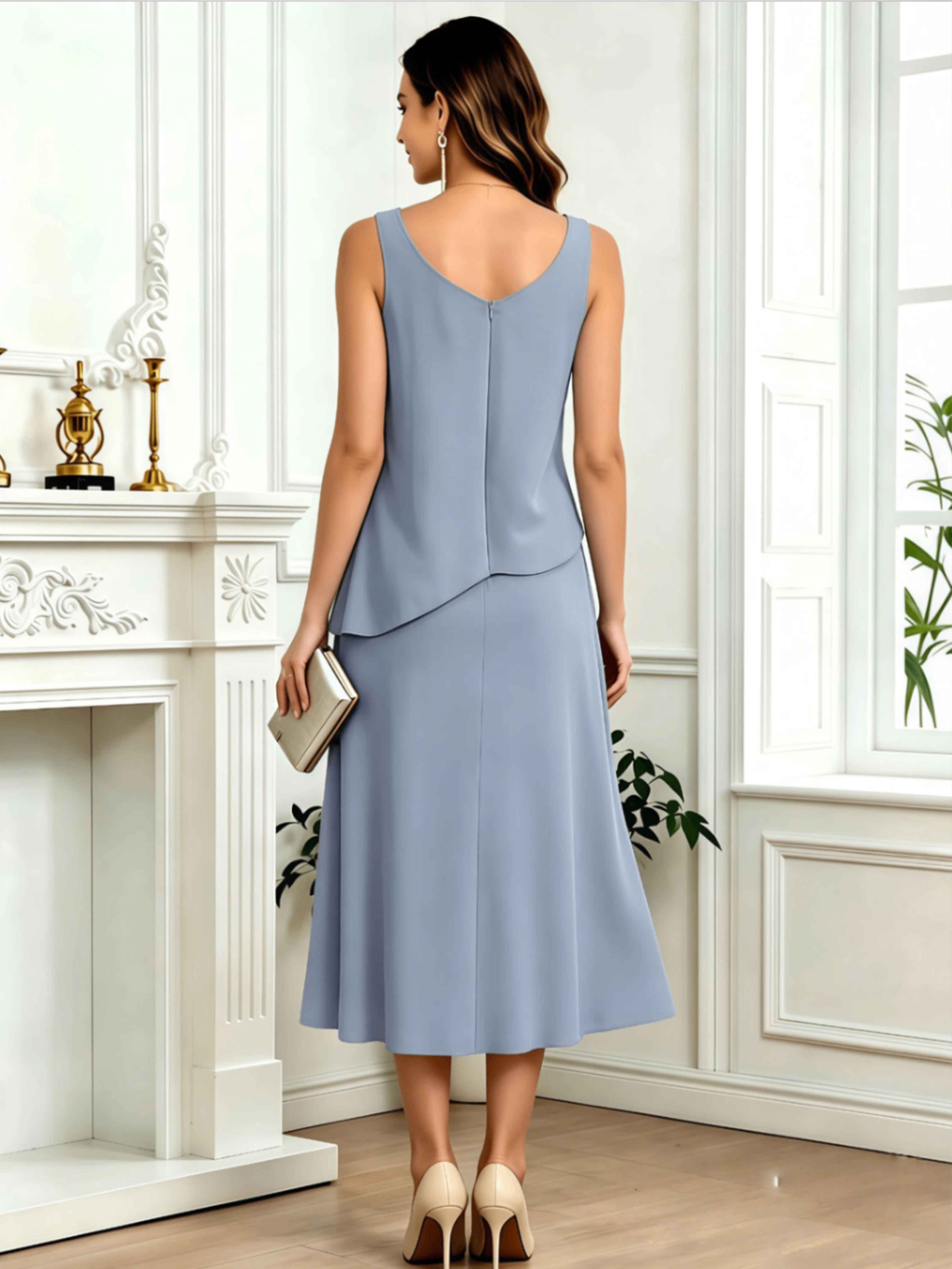 Vesperine Modest Scoop Cape Sleeves Layered Midi Chiffon Mother of the Bride Dresses UK