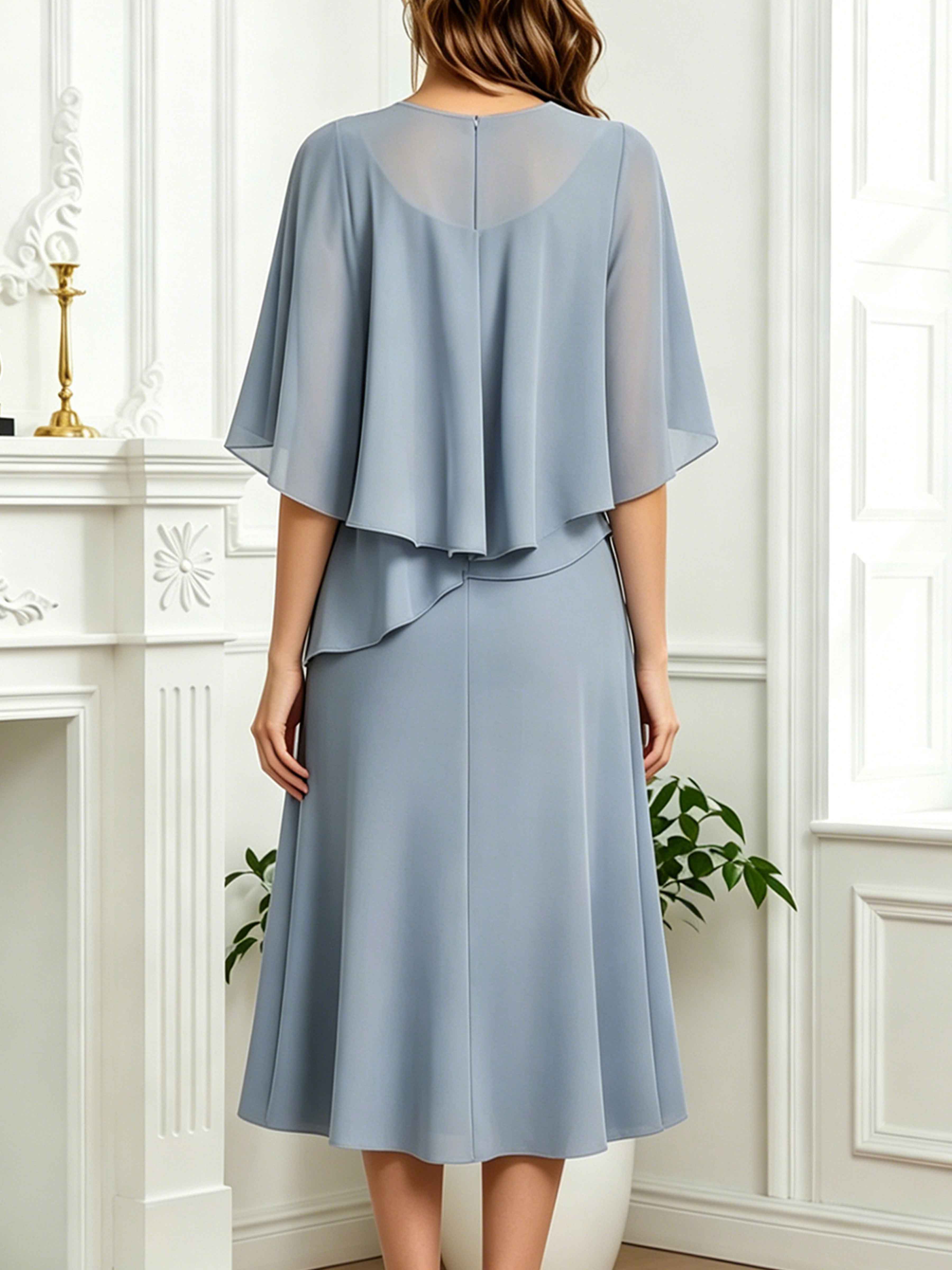 Vesperine Modest Scoop Cape Sleeves Layered Midi Chiffon Mother of the Bride Dresses UK