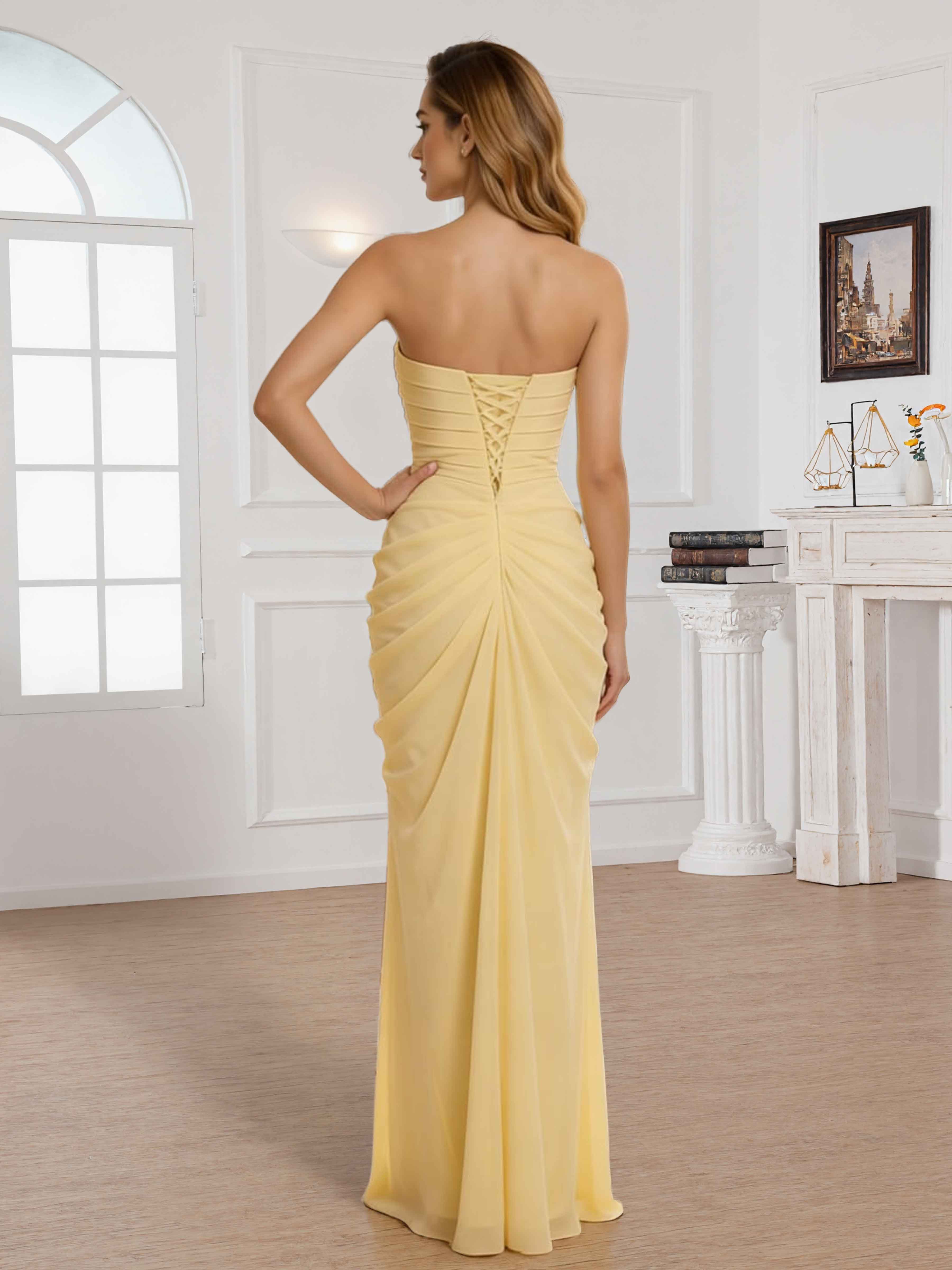 Arianell Trendy Strapless Ruched Slit Long Chiffon Bridesmaid Dresses UK
