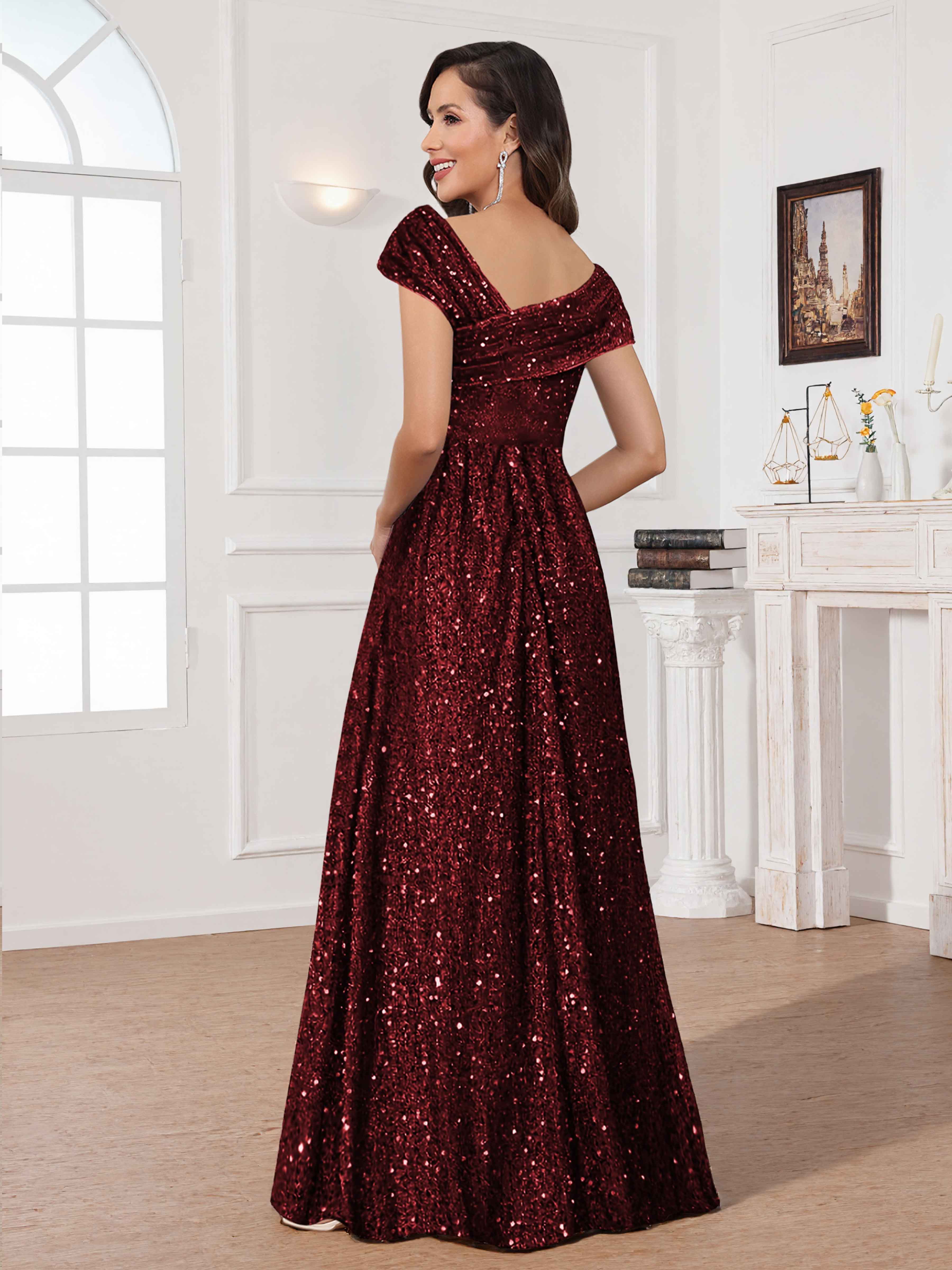 Maelina Glamorous Scoop Cap Sleeves Ruched Long Sequin Mother of the Bride Dresses UK