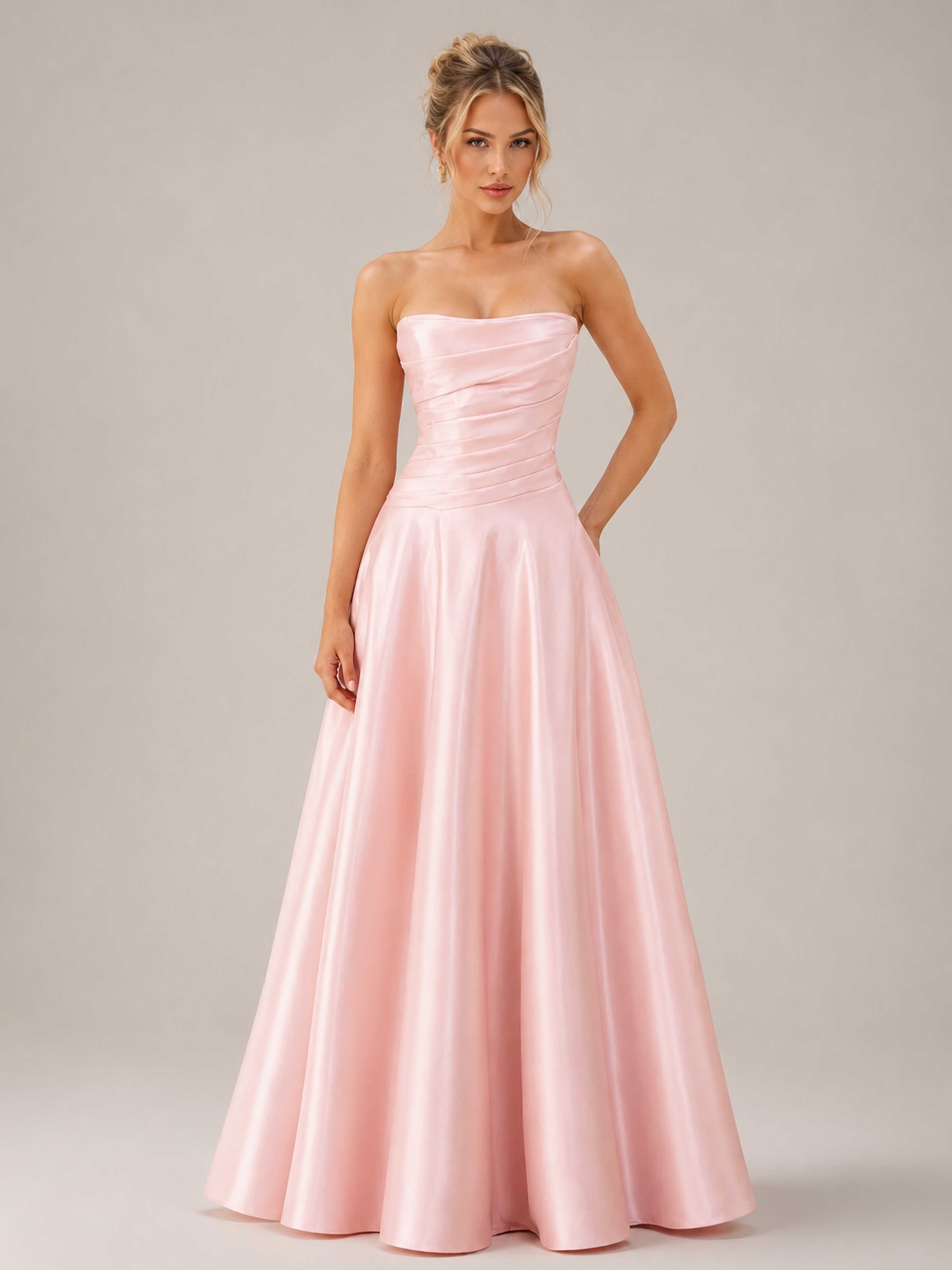 Soleira Strapless Ruched Satin A-Line Evening Gown with Pockets UK