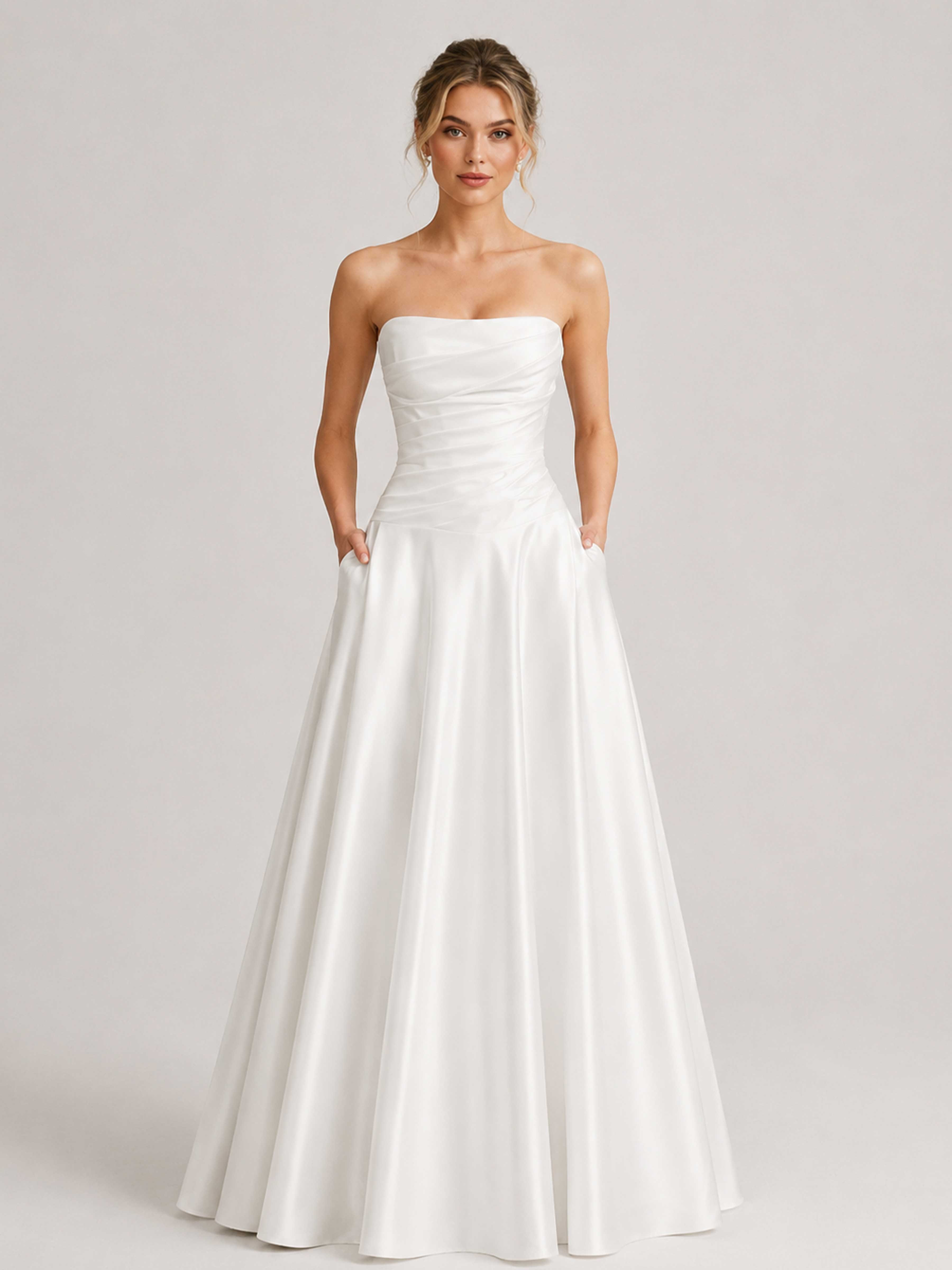 Soleira Strapless Ruched Satin A-Line Evening Gown with Pockets UK