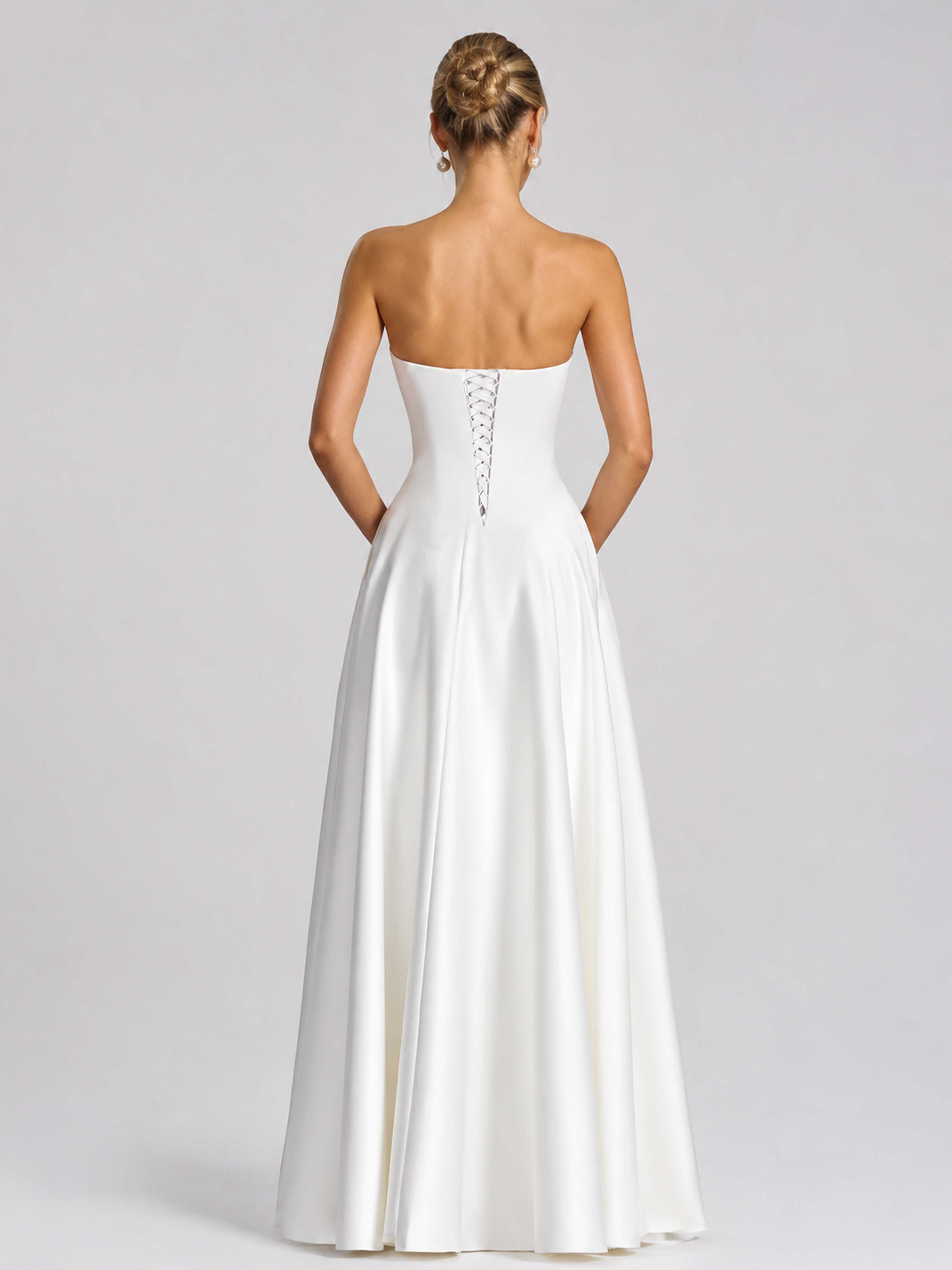 Soleira Strapless Ruched Satin A-Line Evening Gown with Pockets UK