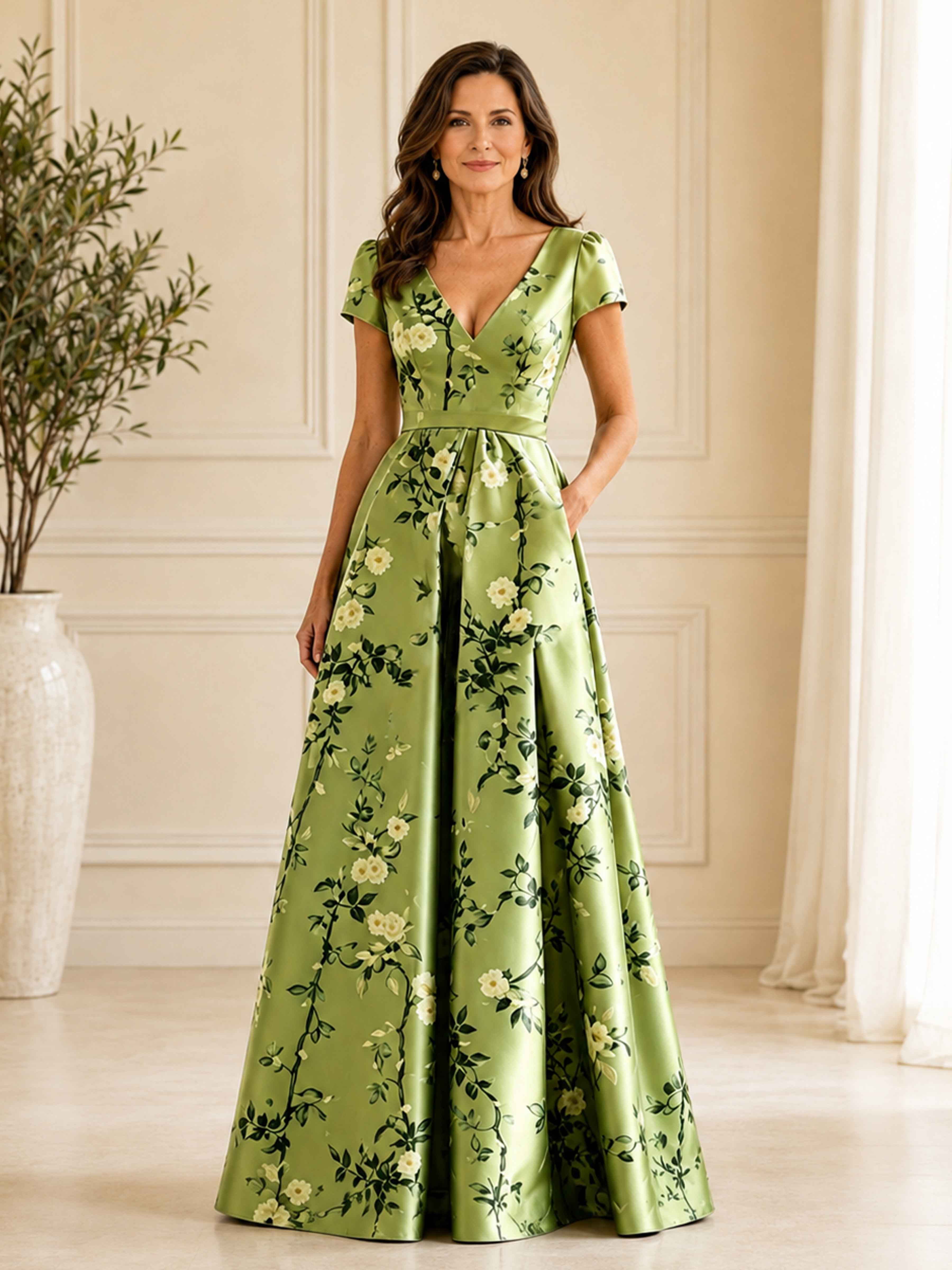 Coraliea Elegant Floral A Line V Neck Satin Mother of the Bride Dress