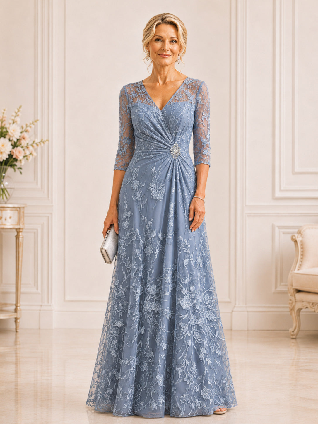 Isavelle V-Neck Lace Ruched A-Line Mother of the Bride Dress