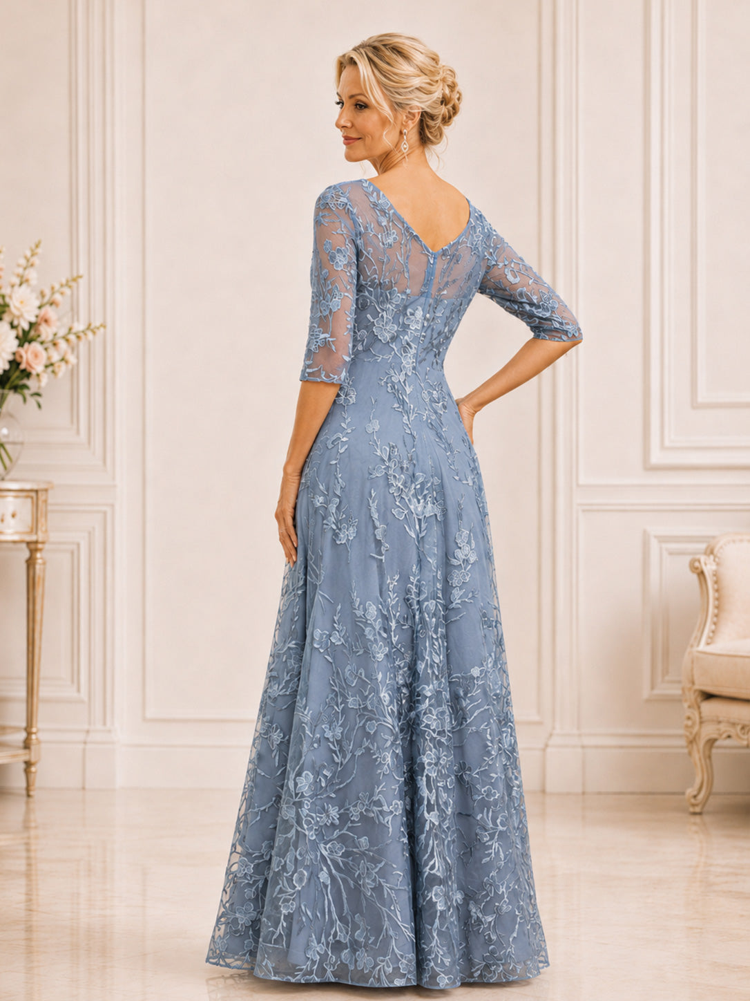 Isavelle V-Neck Lace Ruched A-Line Mother of the Bride Dress