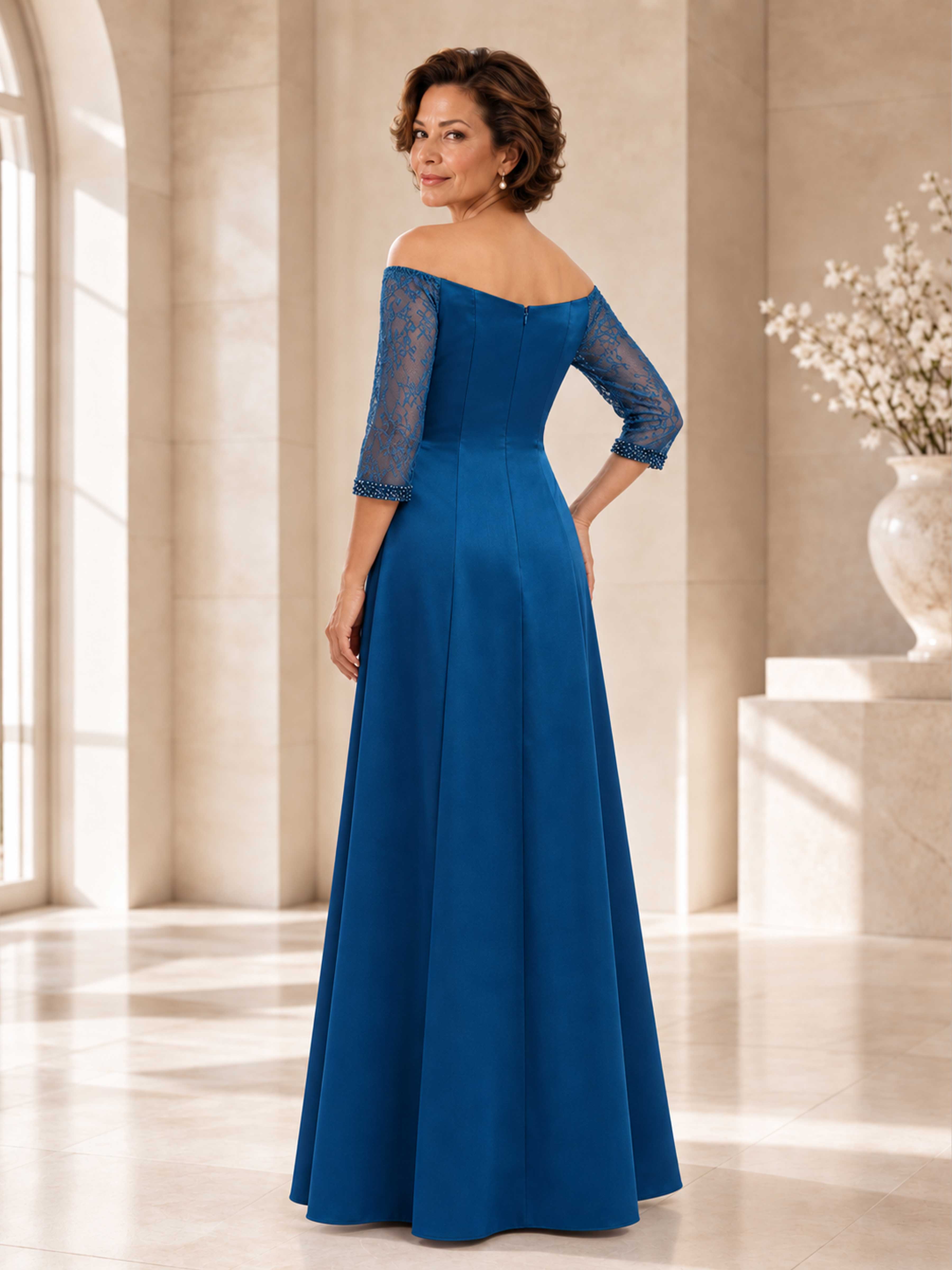 Elisienne Elegant Satin Lace Off Shoulder Mother of the Bride Dress