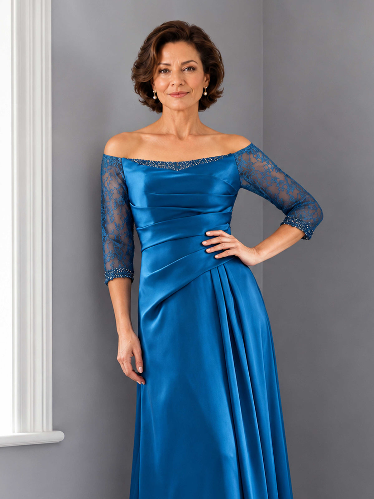 Elisienne Elegant Satin Lace Off Shoulder Mother of the Bride Dress