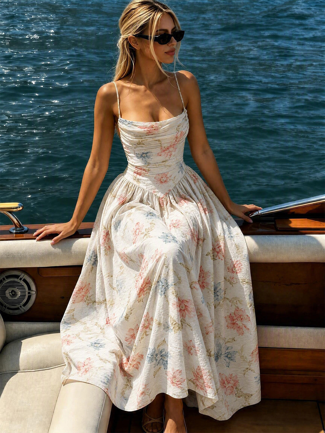 Solevienne Chic Floral Print Lace-Up Open Back Bridesmaid Dress