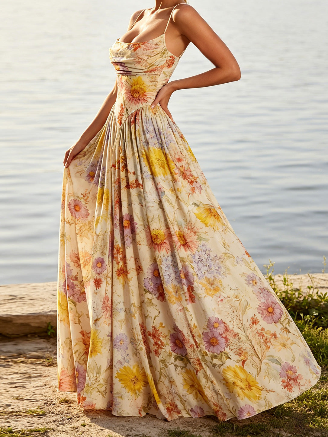 Solevienne Chic Floral Print Lace-Up Open Back Bridesmaid Dress