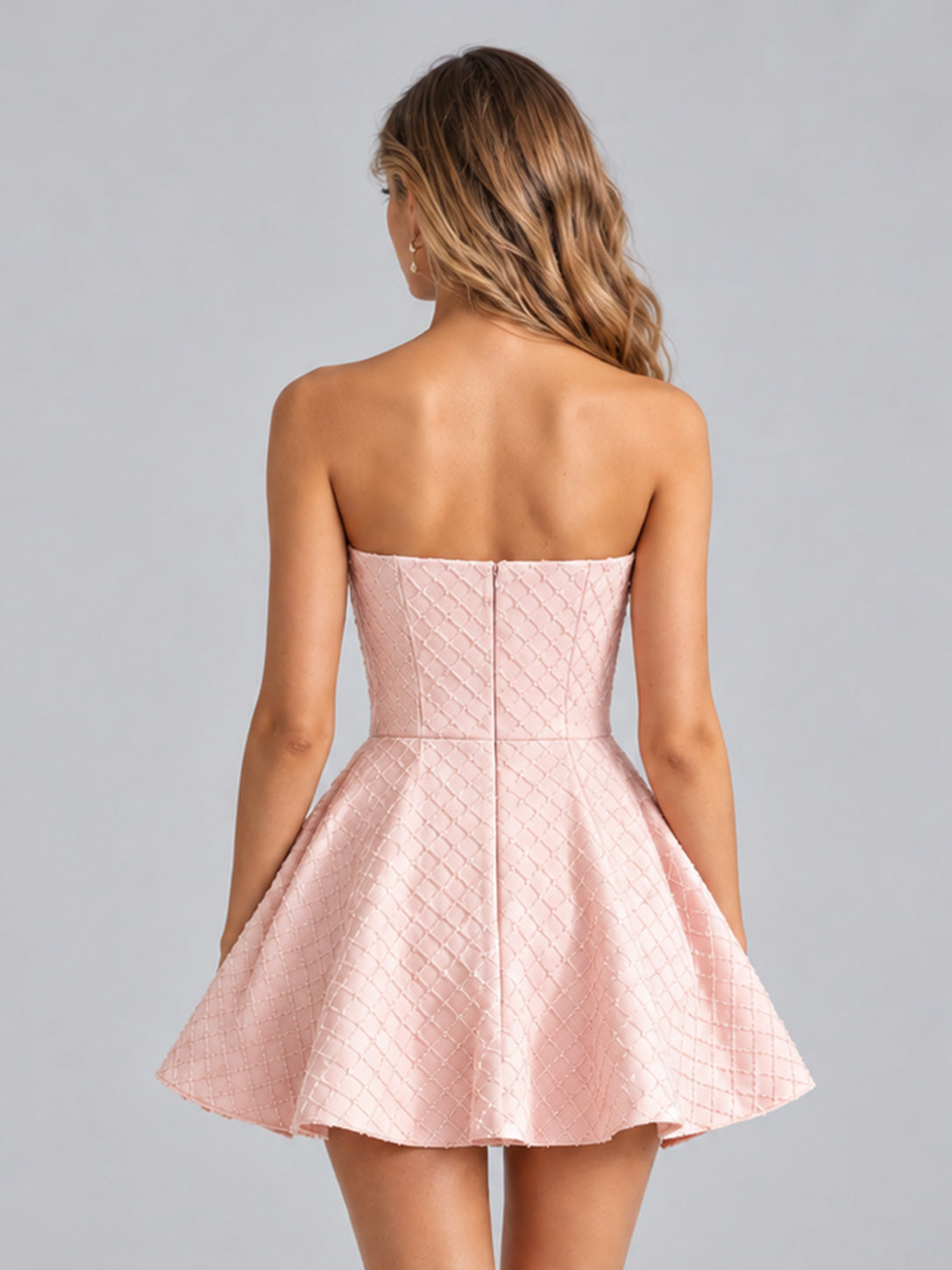 Lunellea Glamorous Strapless Bow‑Waist Sequin Grid Tulle Short Party Dress