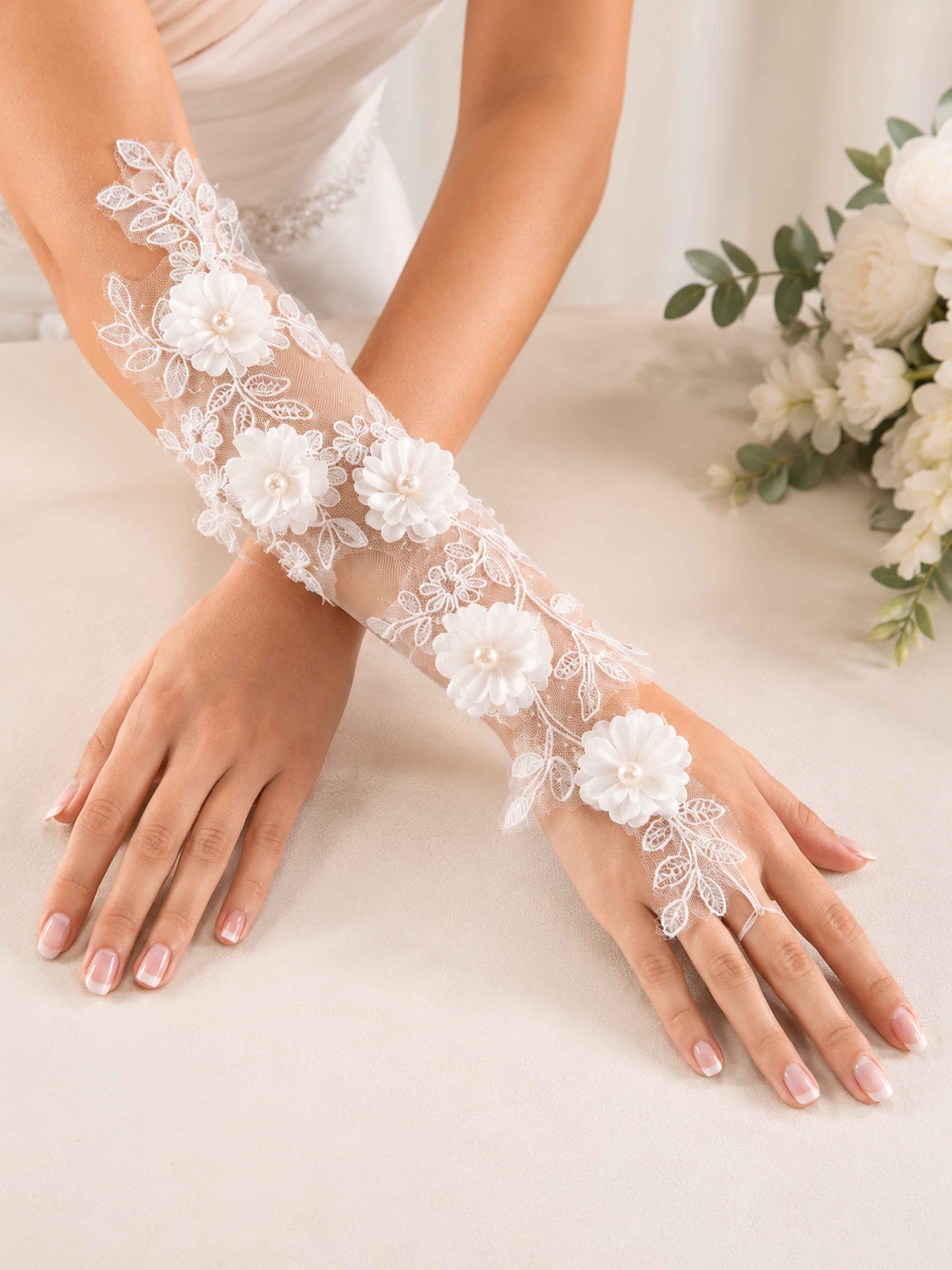 3D Floral Lace Bridal Gloves with Pearl Detail UK