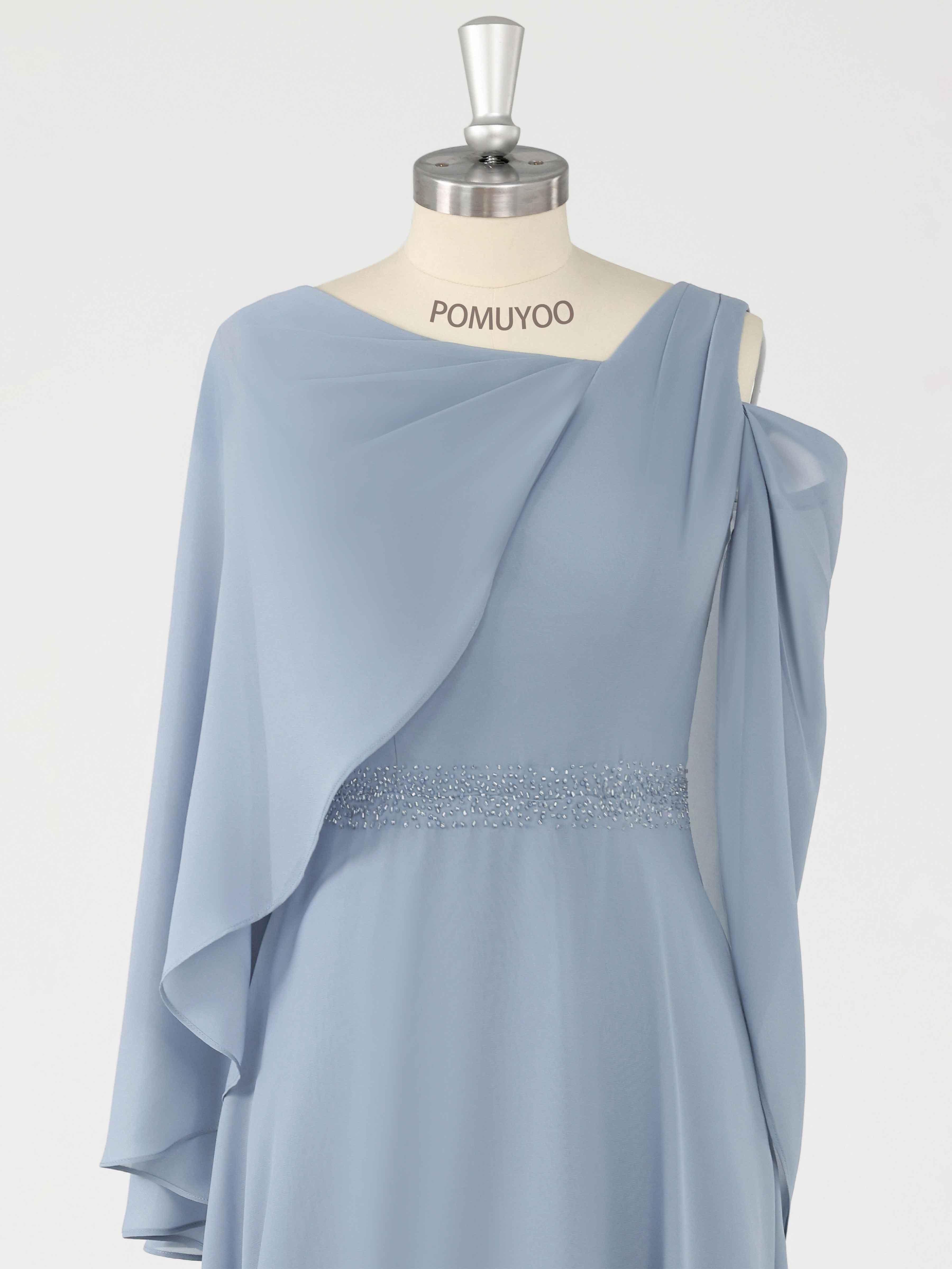 A-Line One Shoulder Beading Tea Length Chiffon Mother of the Bride Dresses With Cape UK