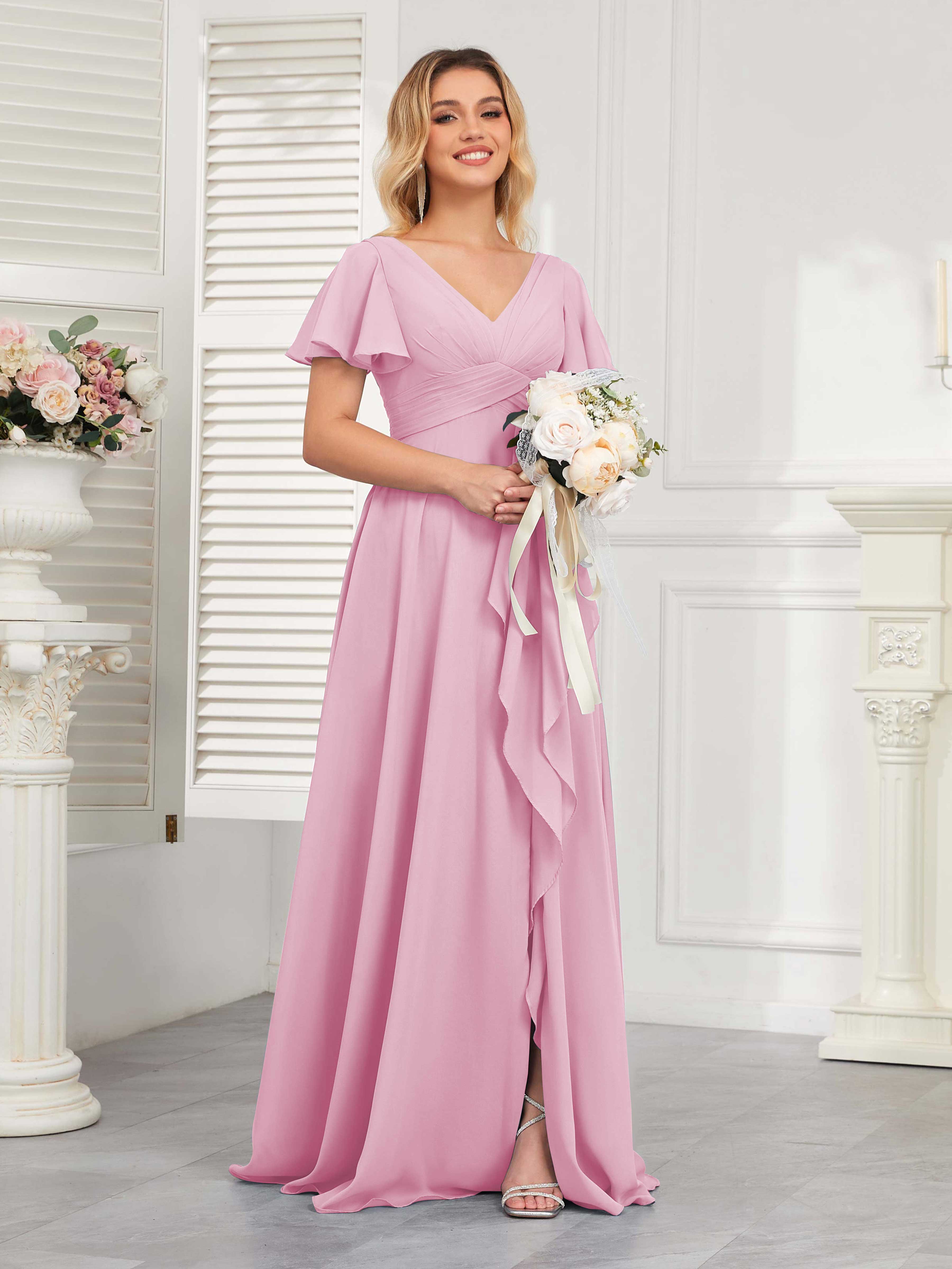 Ainsley Dreamy Short Sleeves Long Chiffon Bridesmaid Dresses