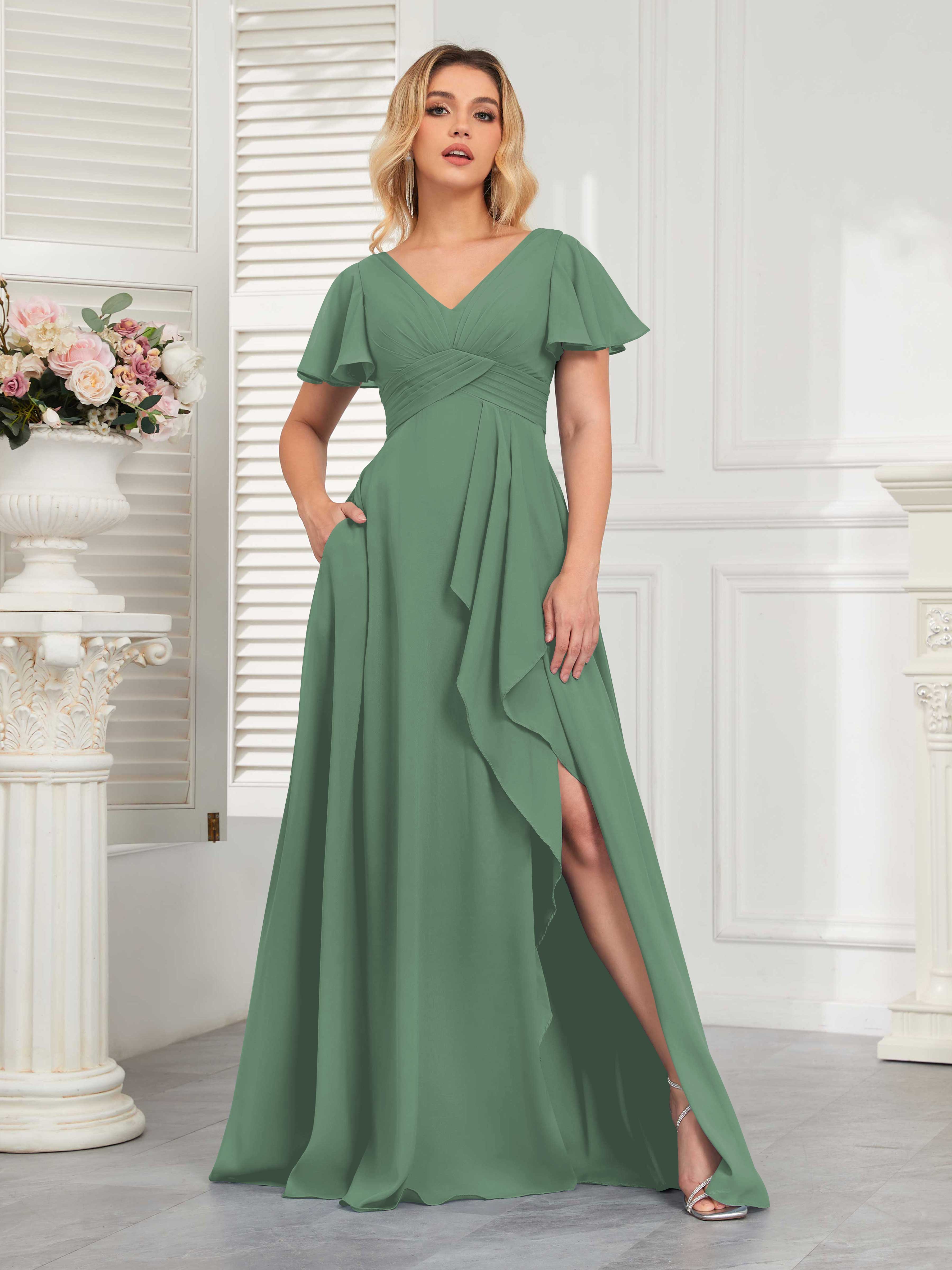Ainsley Dreamy Short Sleeves Long Chiffon Bridesmaid Dresses