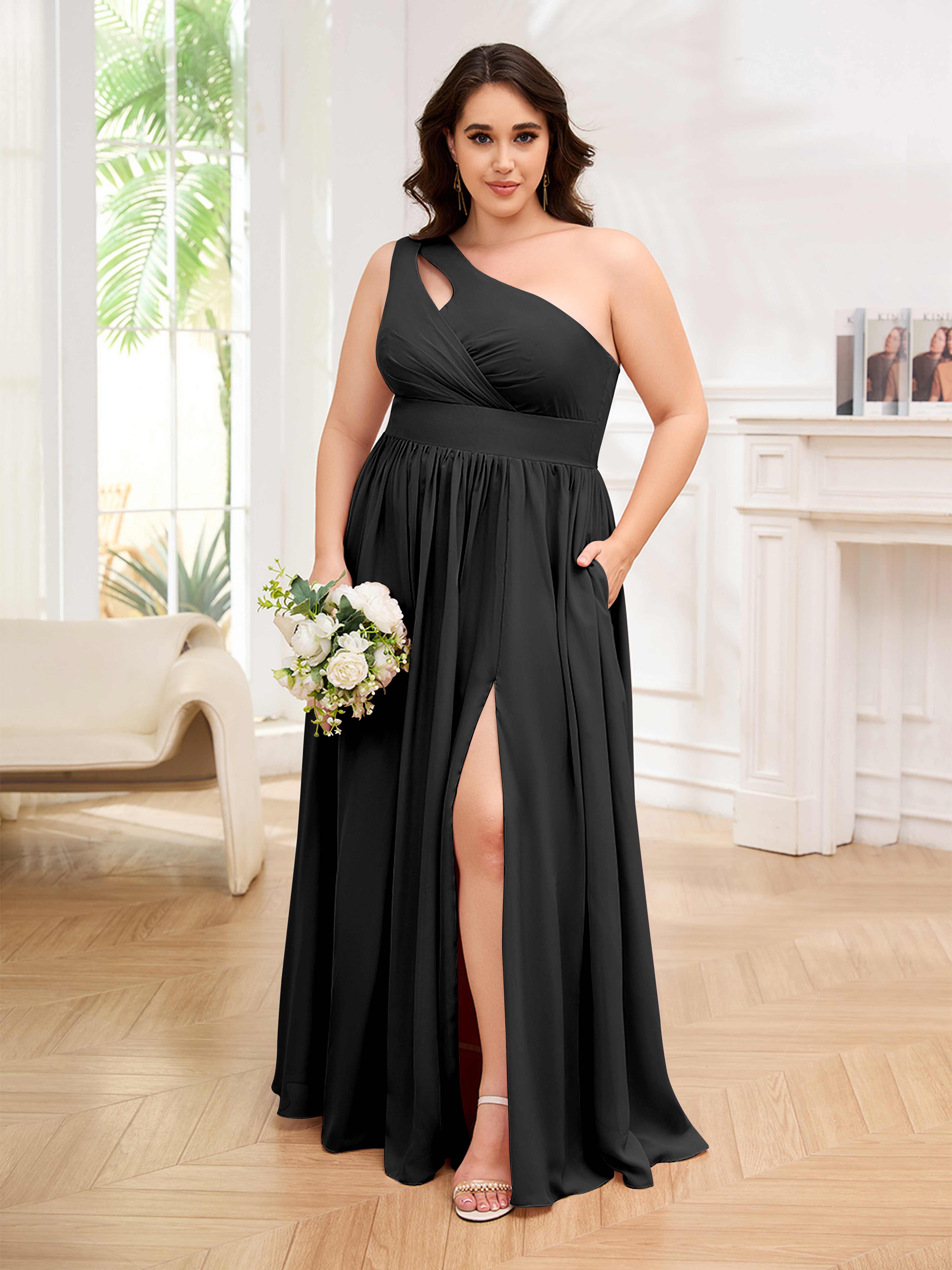 Amber Stylish One Shoulder Pleated Long Plus Size Bridesmaid Dresses