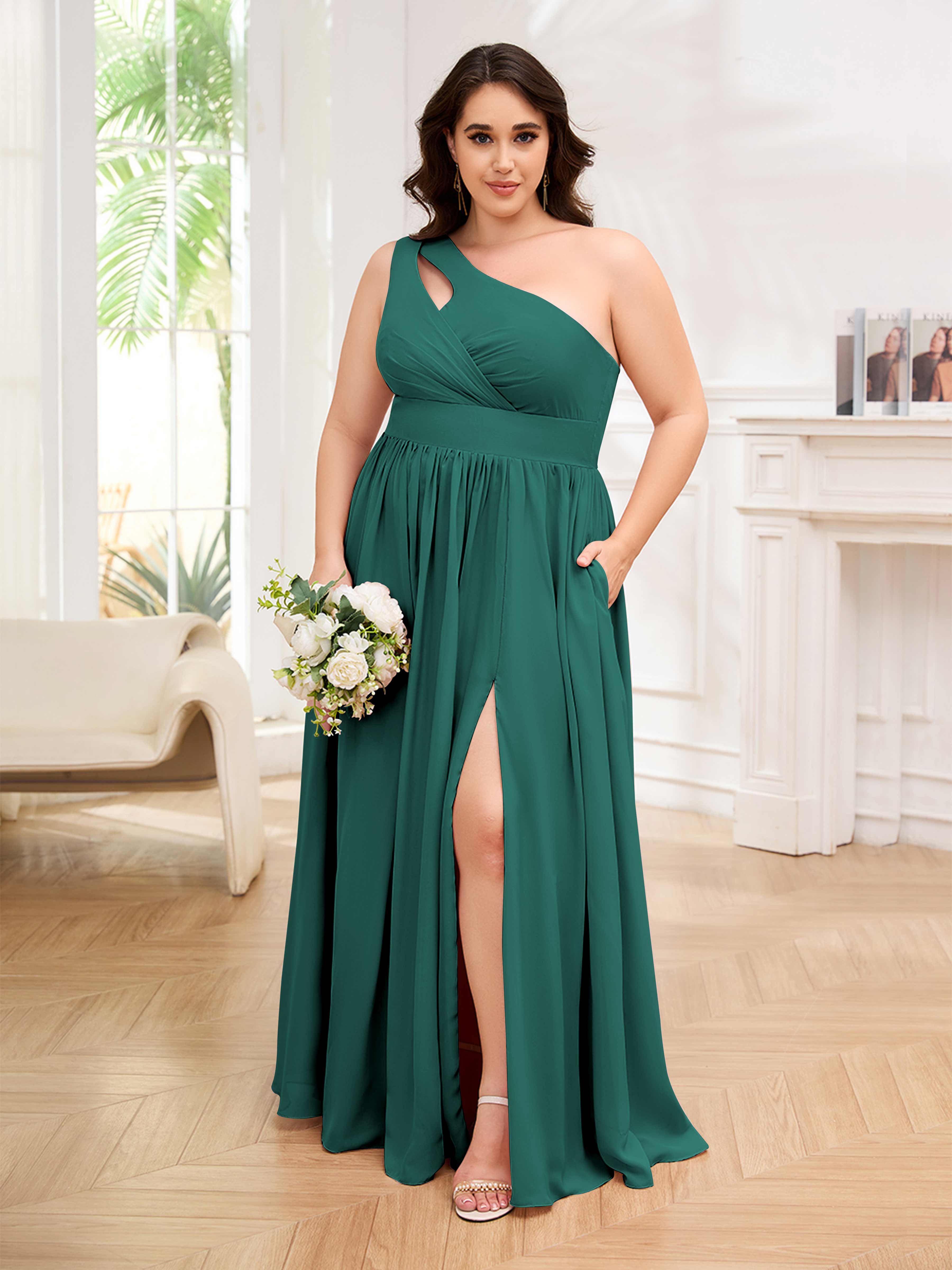 Amber Stylish One Shoulder Pleated Long Plus Size Bridesmaid Dresses