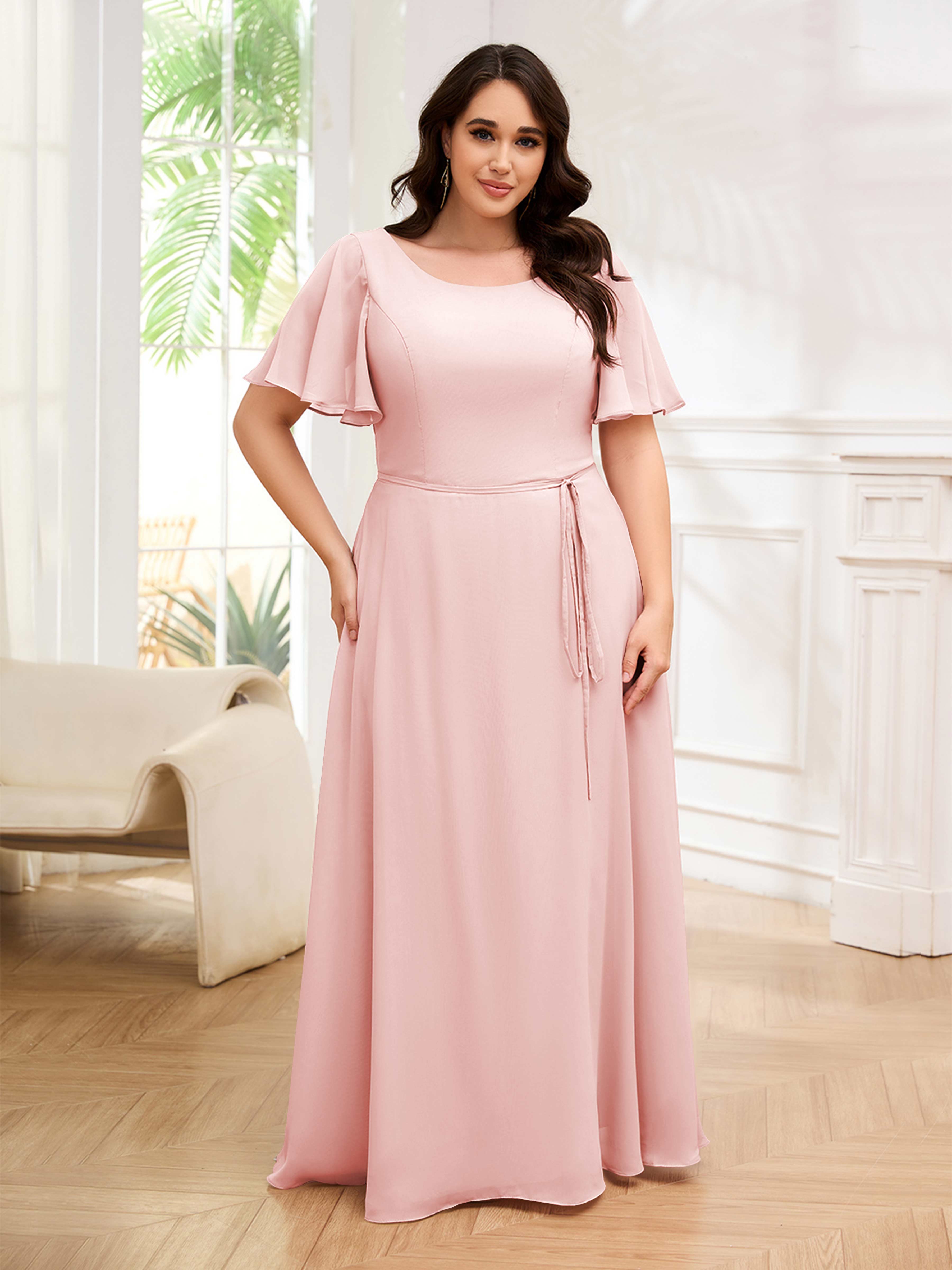 Ariya Modest Scoop Short Sleeves Long Chiffon Plus Size Bridesmaid Dre