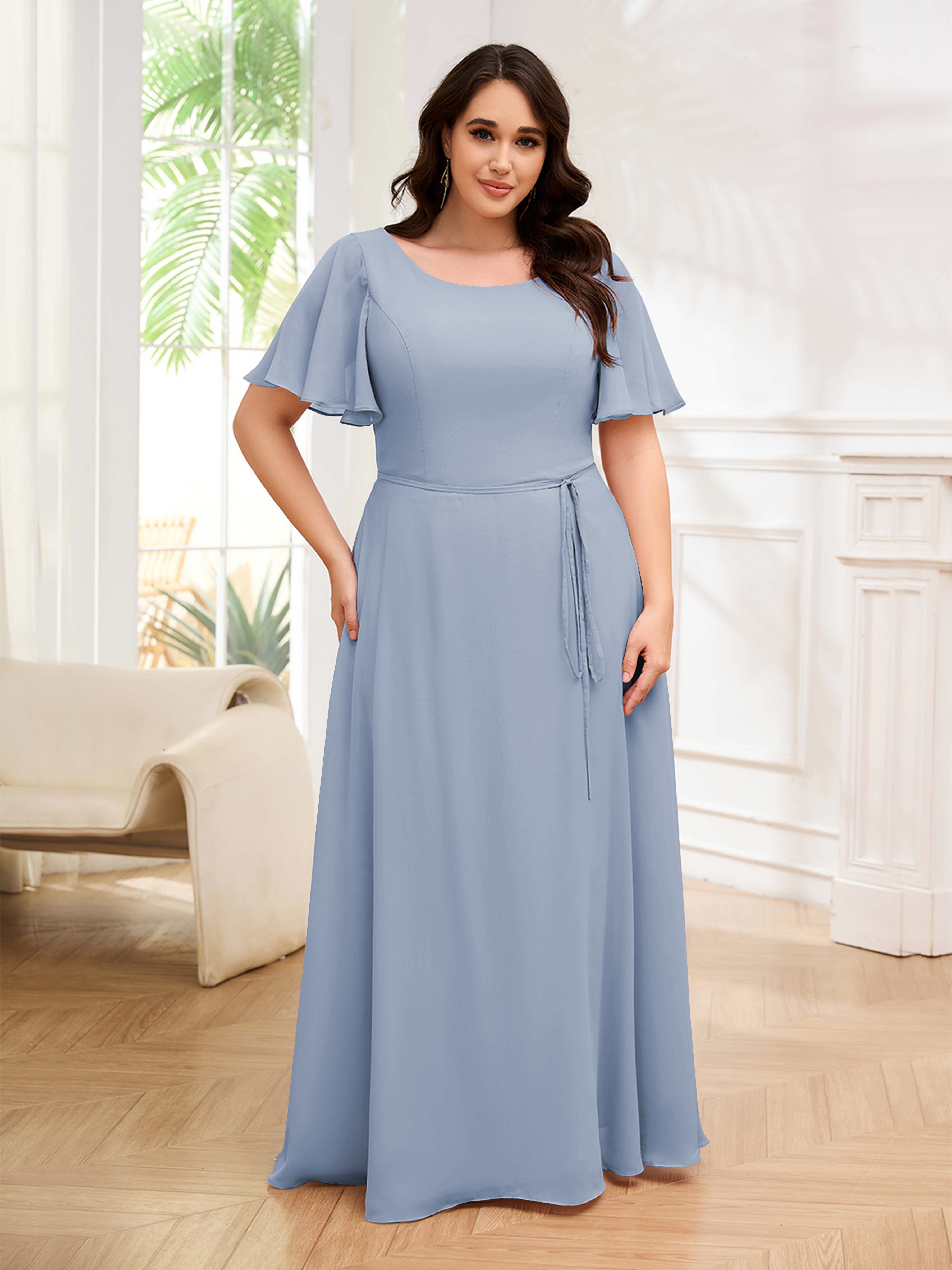 Ariya Modest Scoop Short Sleeves Long Chiffon Plus Size Bridesmaid Dre