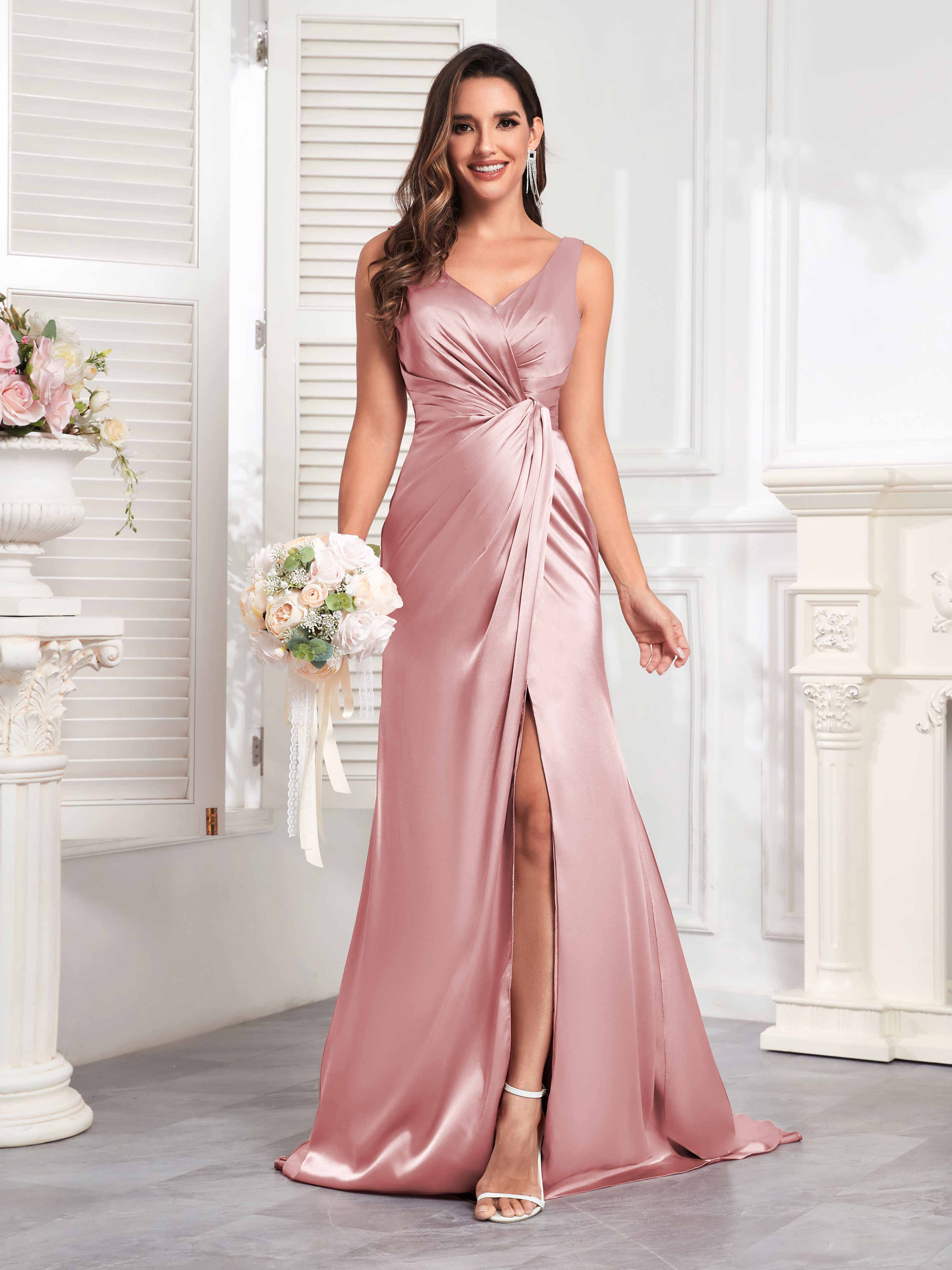 Long satin dress with slit best sale