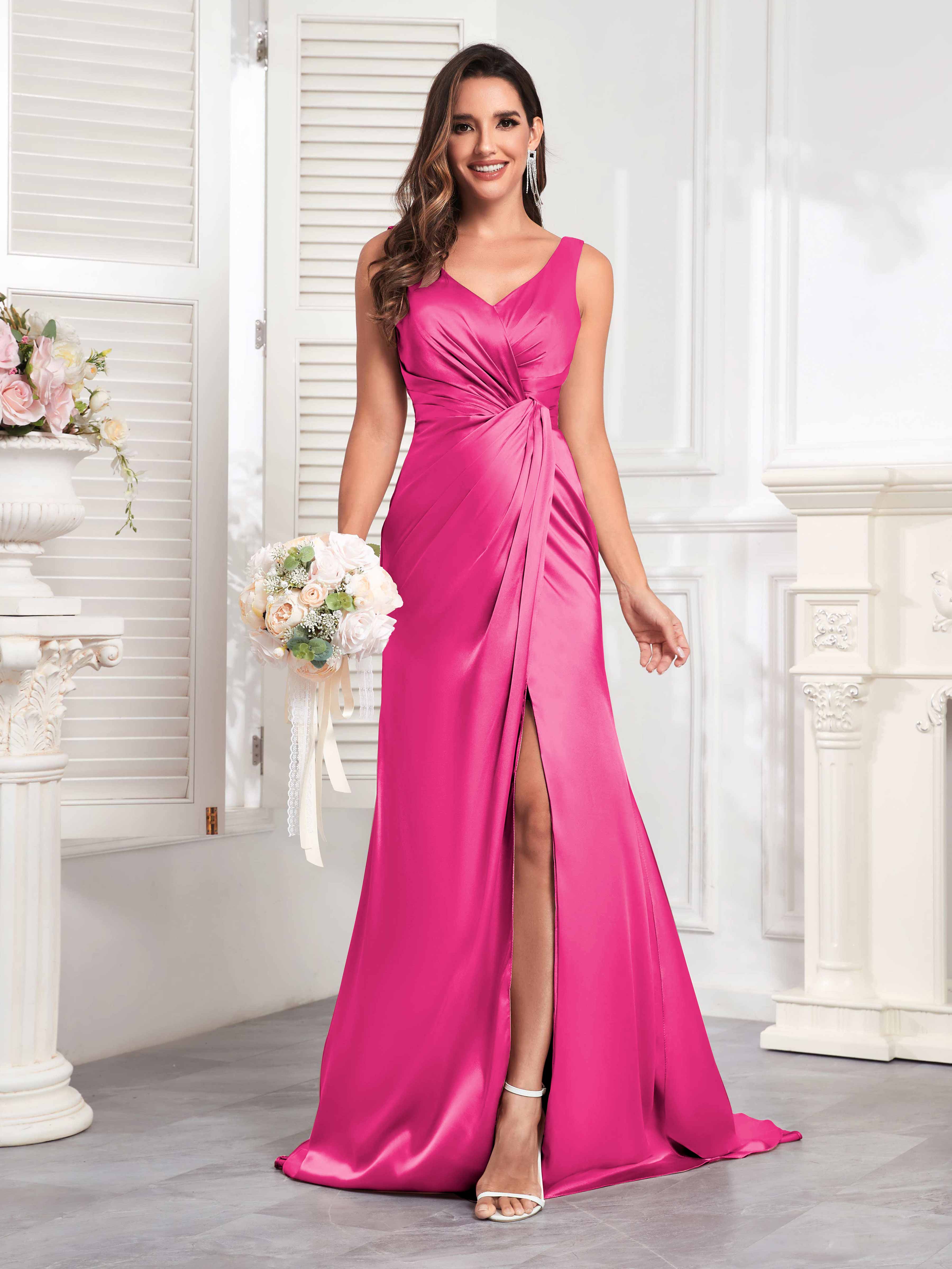 Avianna Stylish V Neck Sleeveless Slit Long Satin Formal Dresses