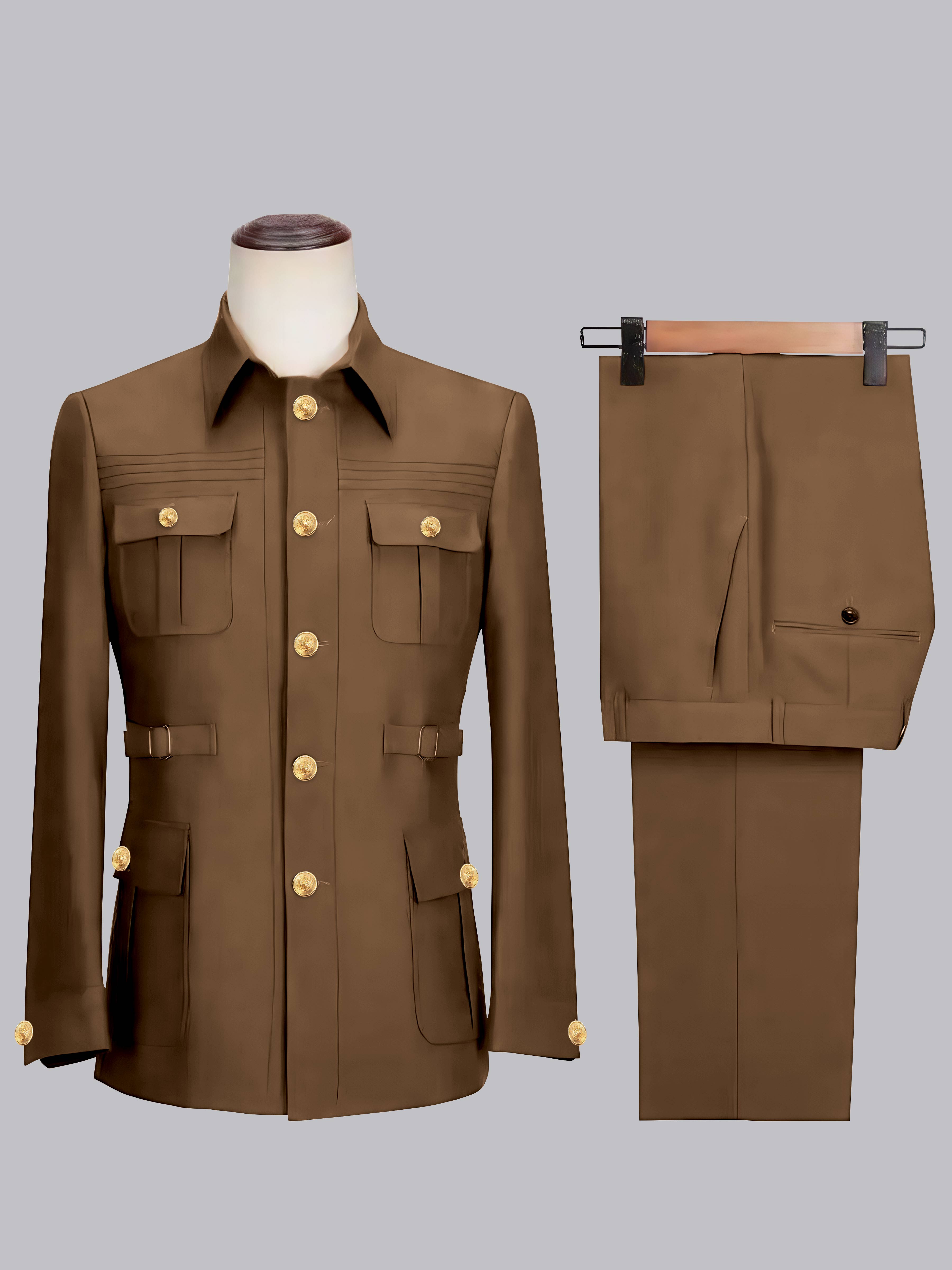 Belted Safari Style Men's 2 Pieces Single Breasted Casual Suit