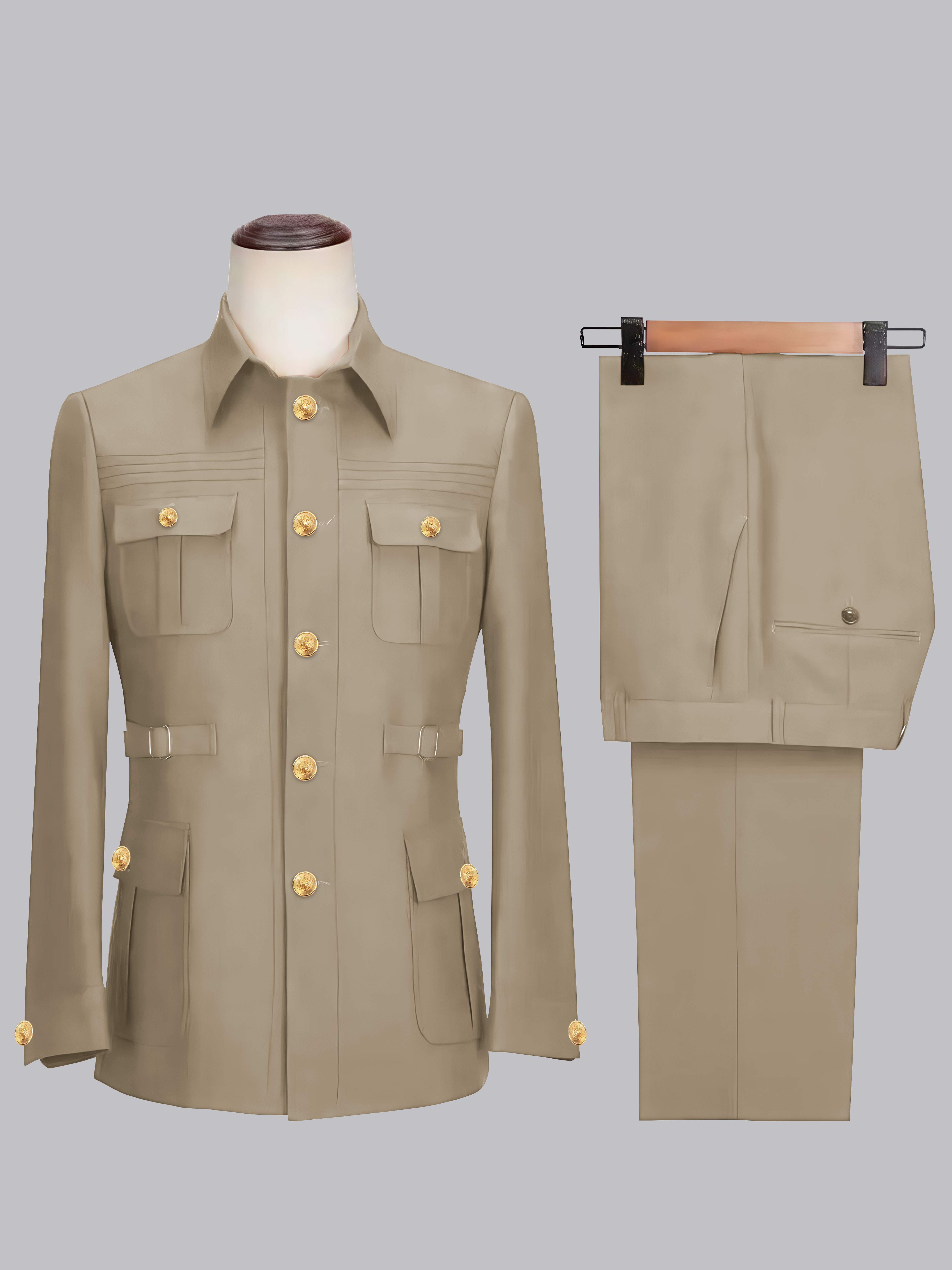 Belted Safari Style Men's 2 Pieces Single Breasted Casual Suit