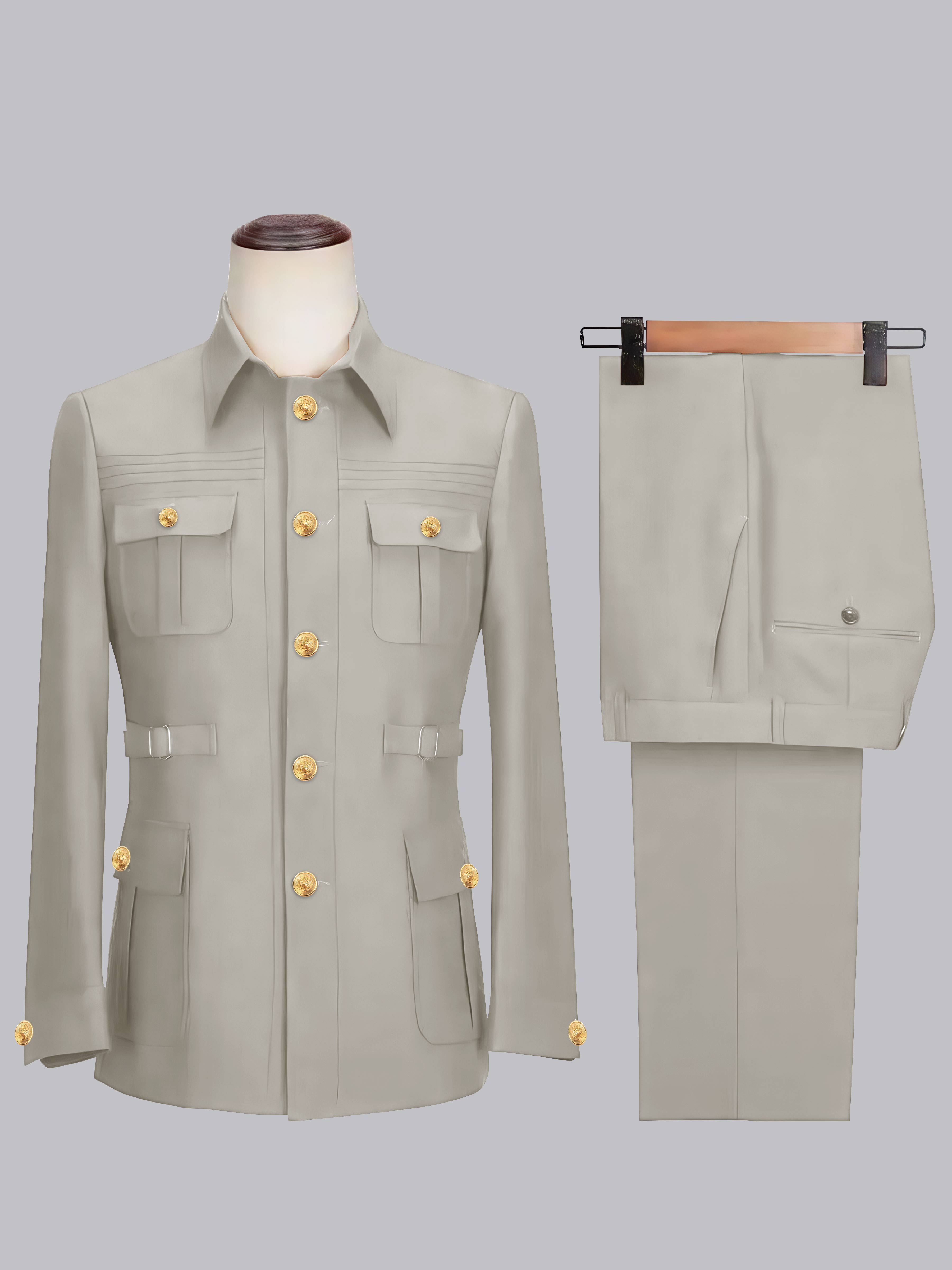Belted Safari Style Men's 2 Pieces Single Breasted Casual Suit
