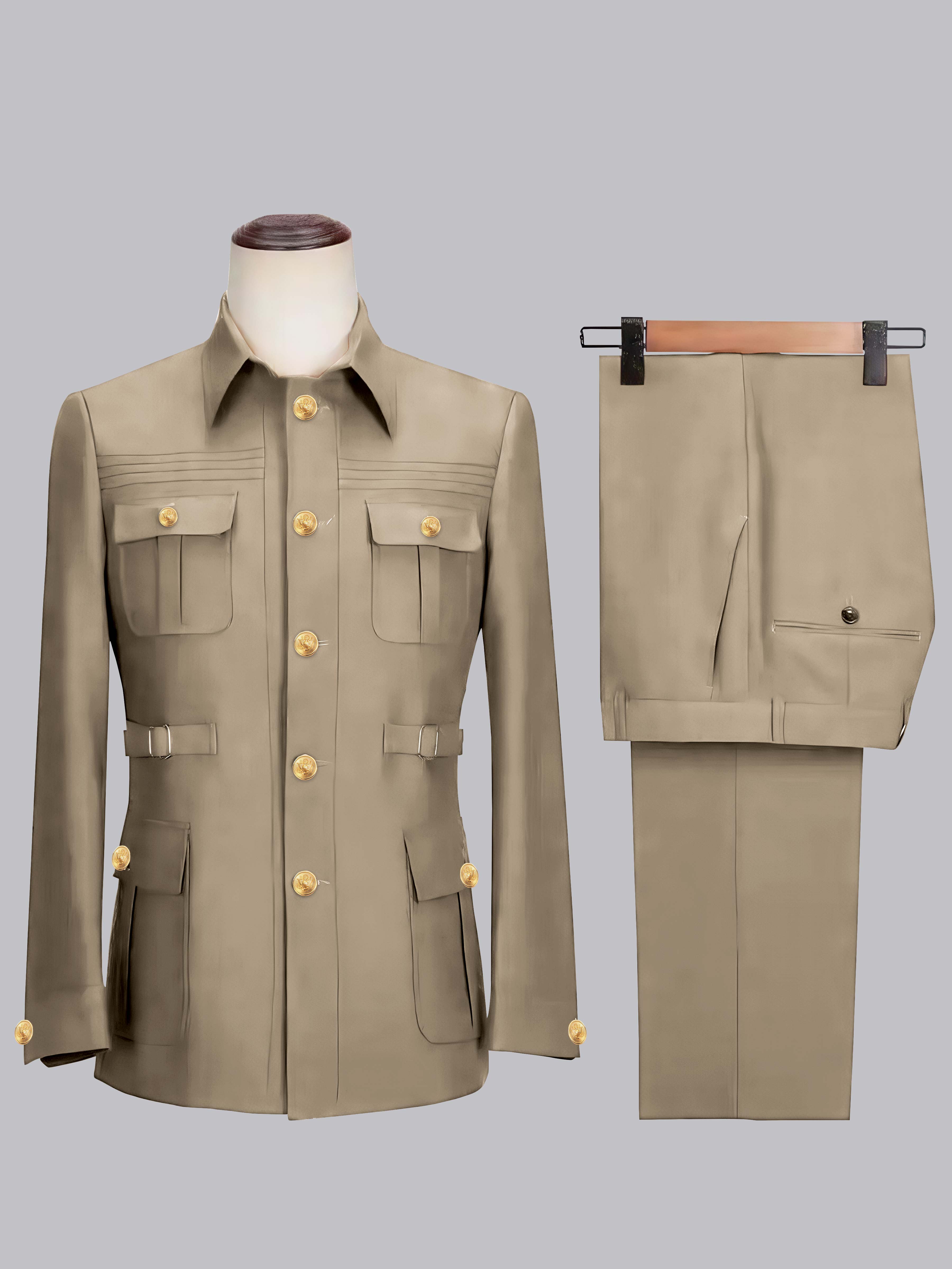 Belted Safari Style Men's 2 Pieces Single Breasted Casual Suit