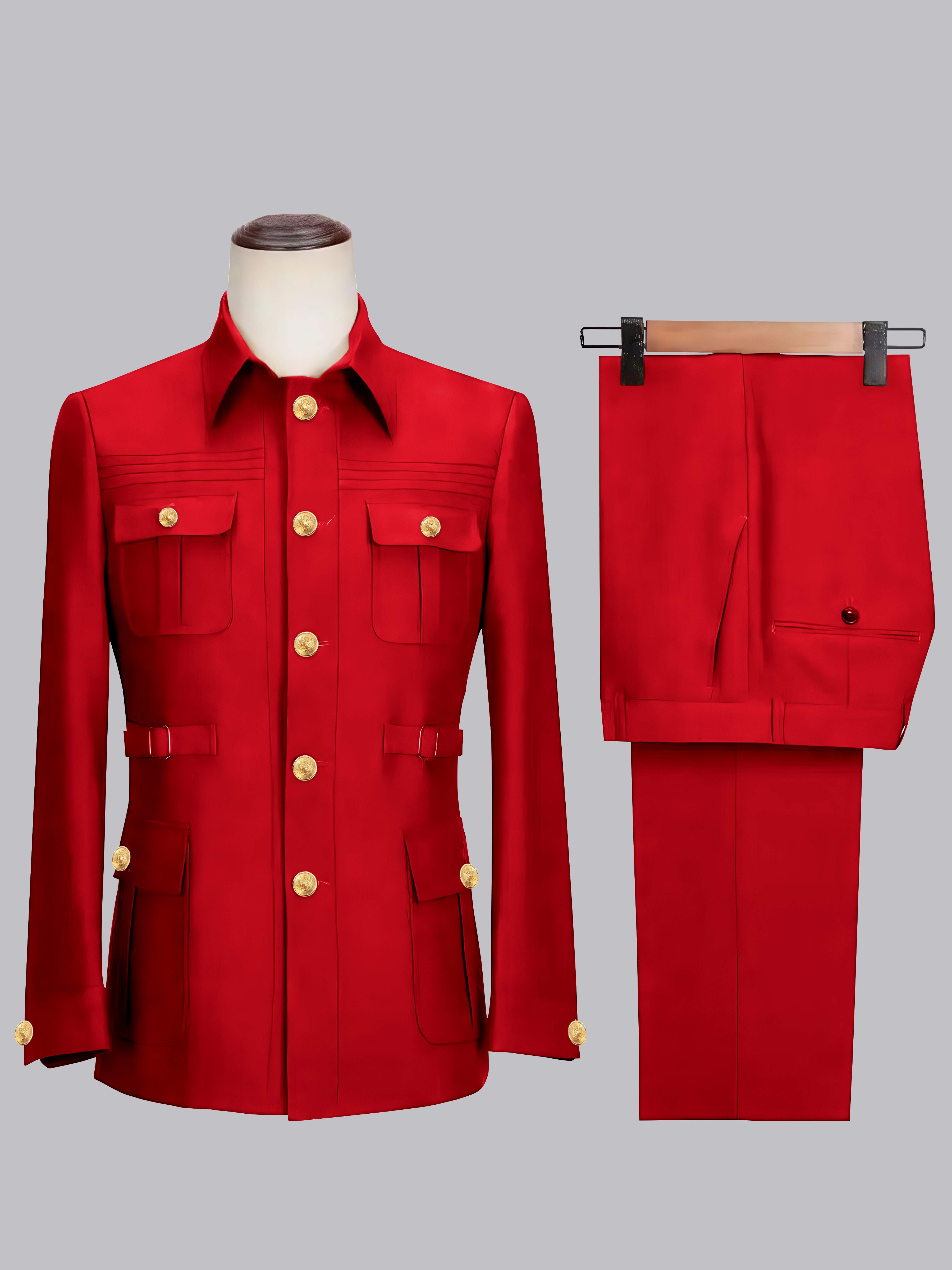 Belted Safari Style Men's 2 Pieces Single Breasted Casual Suit