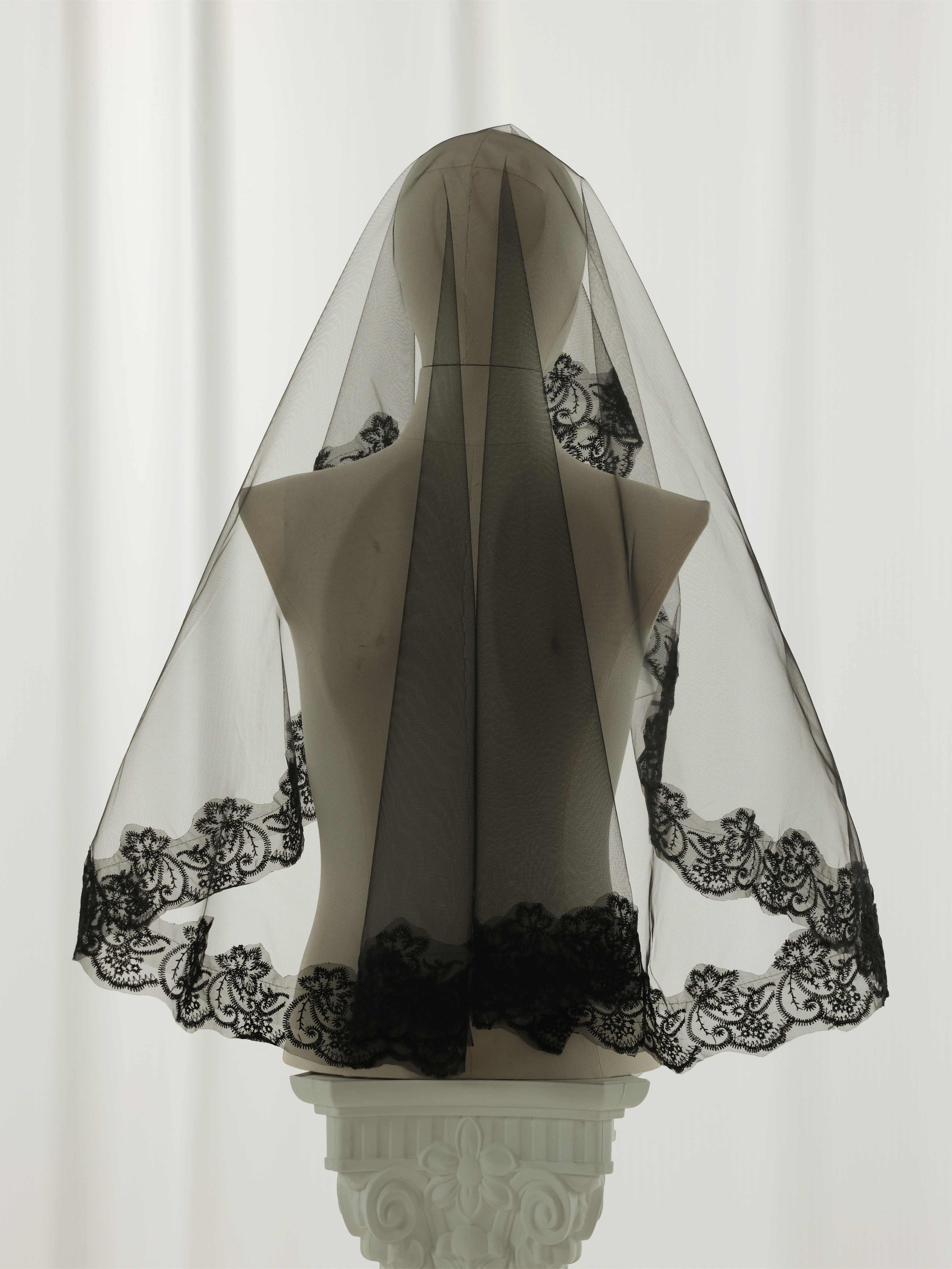Black Lace Bridal Veil with Embroidered Edge