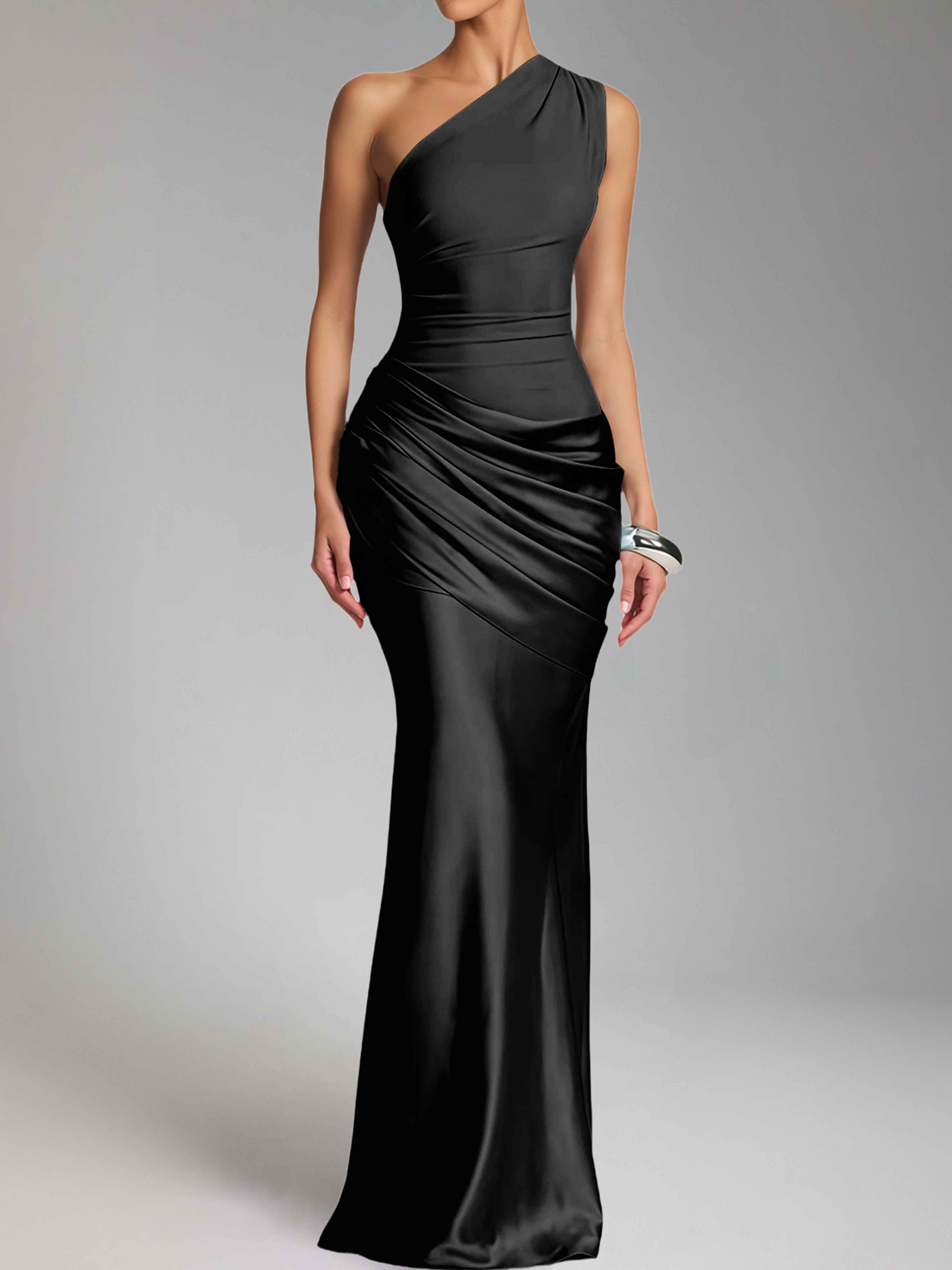 Jaelithra Elegant One Shoulder Pleated Satin Long Prom Dresses