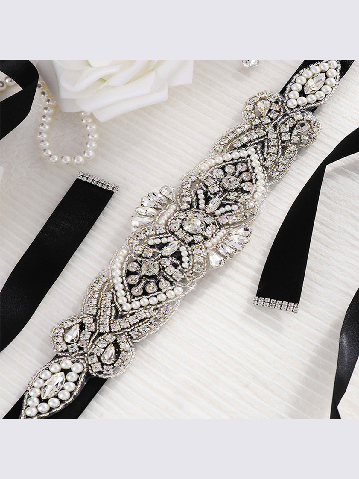Vintage Crystal Pearl Waistband, Luxurious Ribbon Sash Belt UK