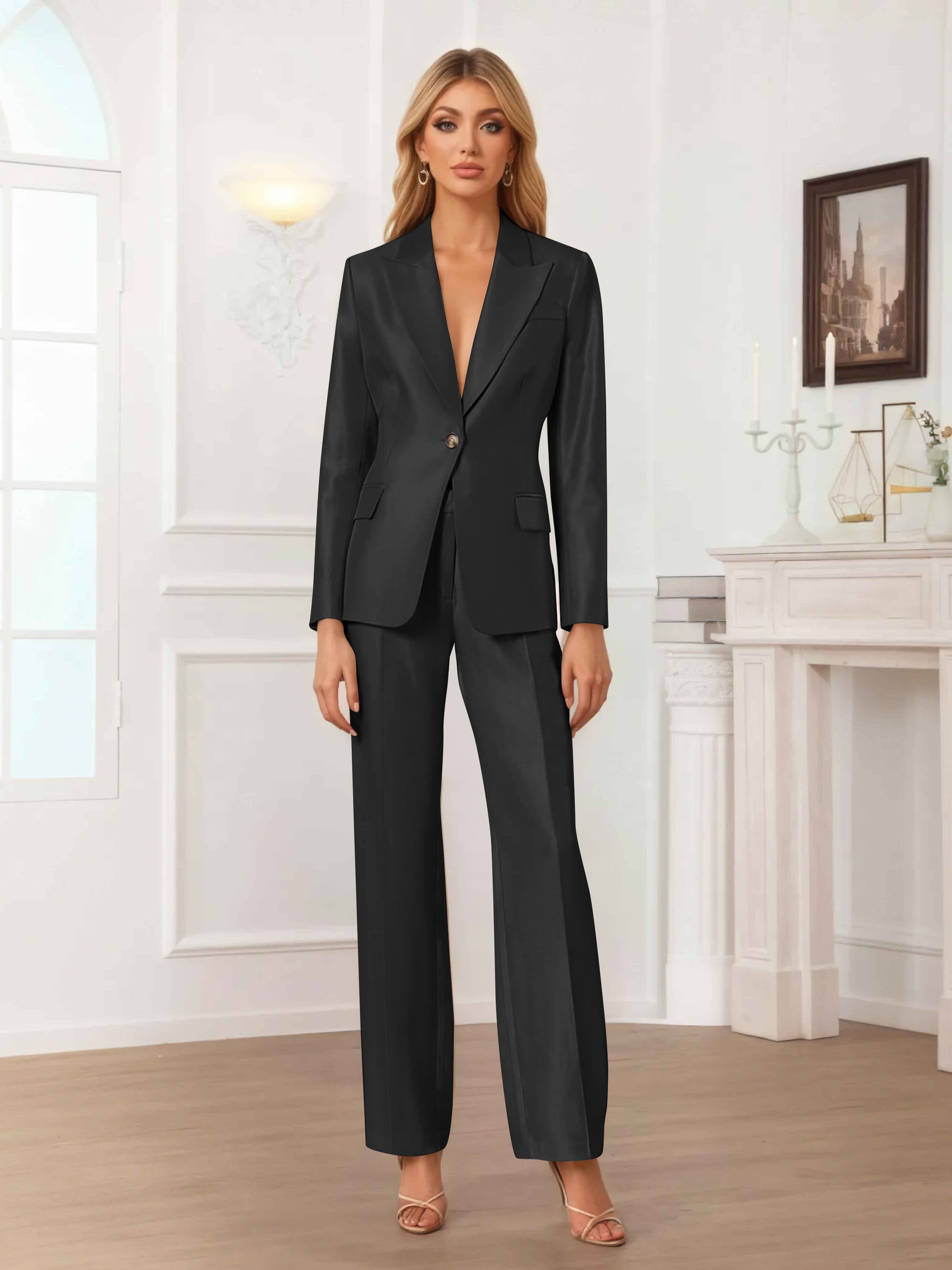 Women's 2 Pieces Peak Lapel One-Button Satin Formal Suit Set UK