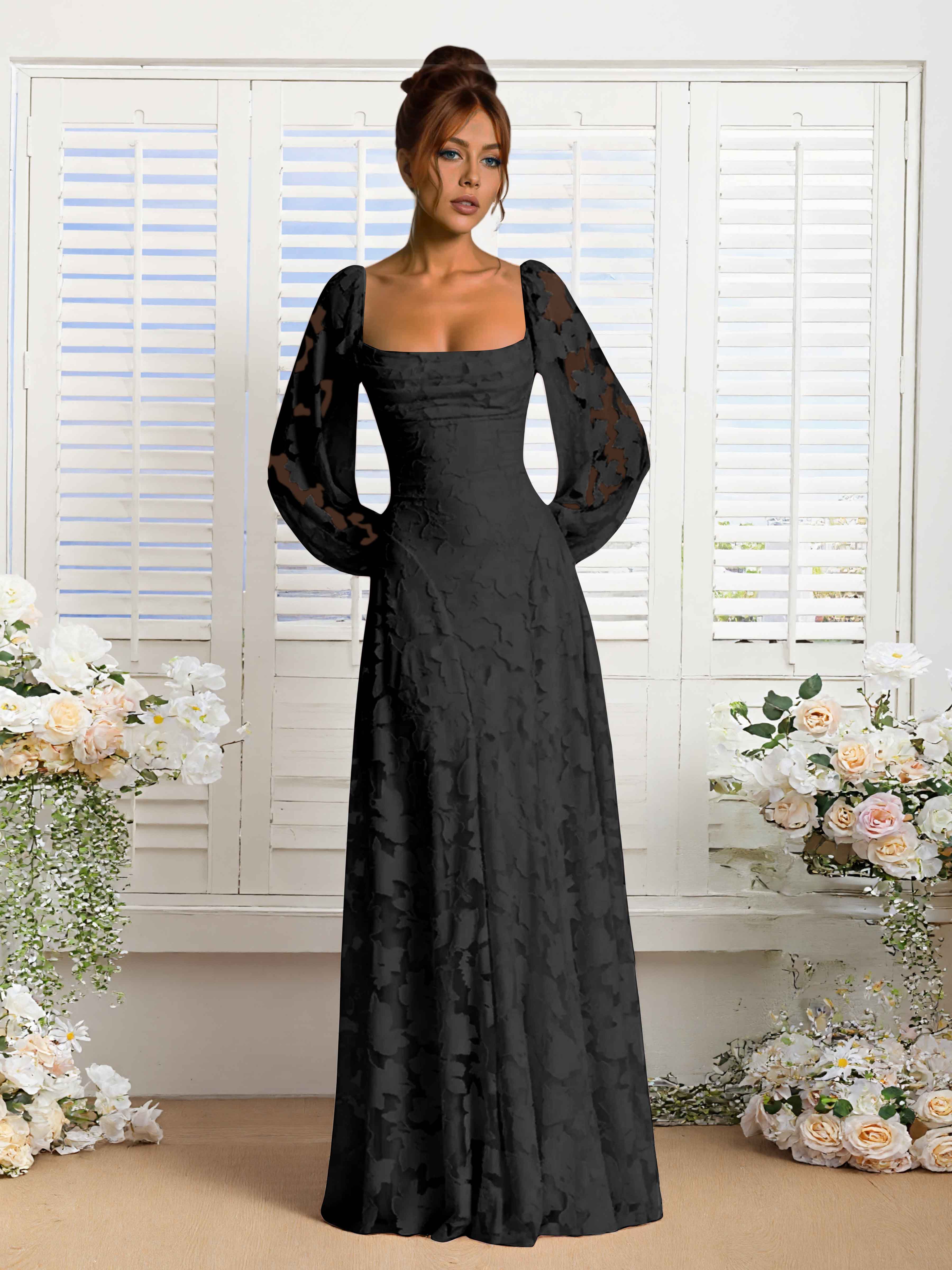 Xandra Delicate Long Sleeves Ruched Long Floral Lace Formal Dresses